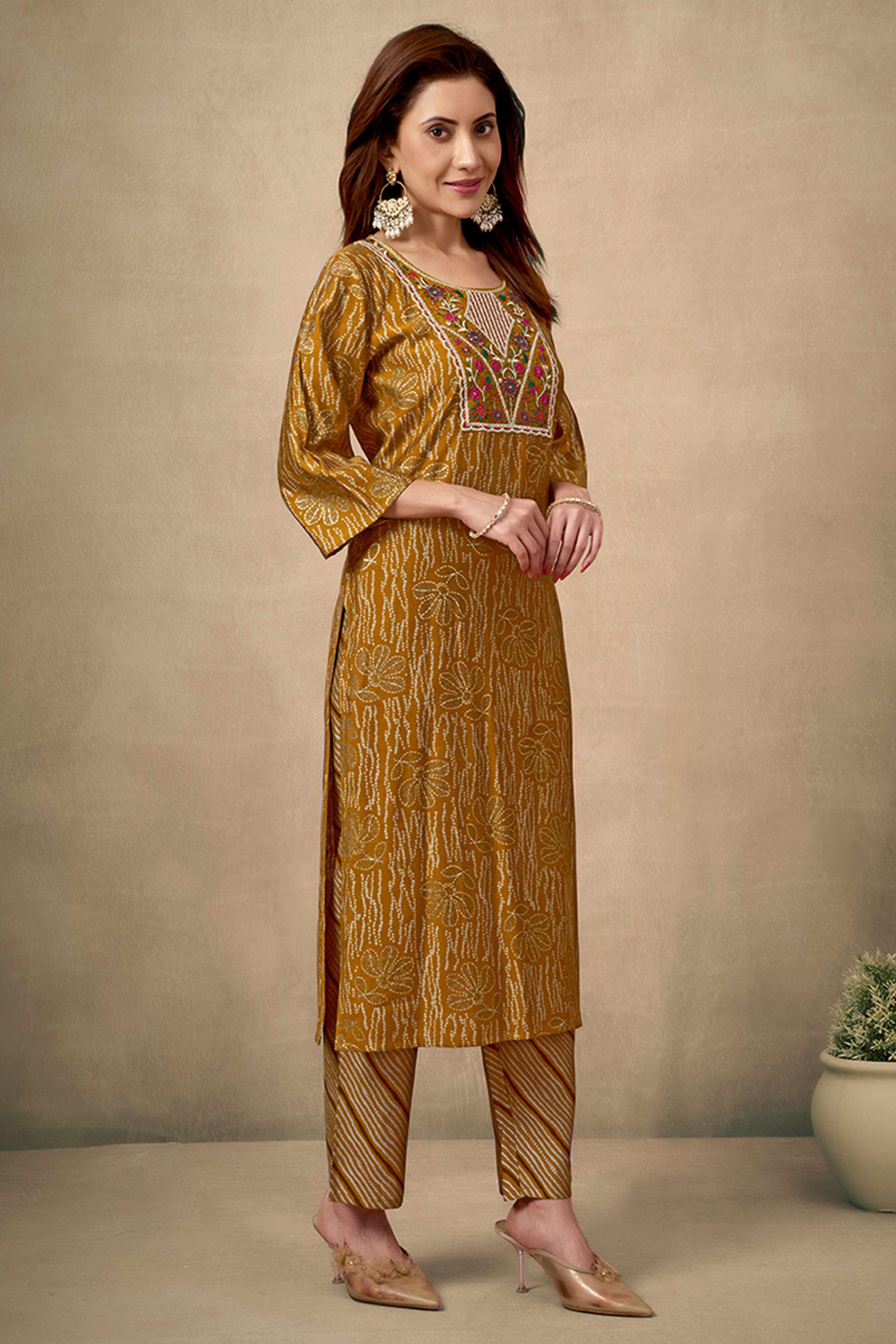 Mustard Bandhani Chanderi Silk Salwar Suit With Embroidered Neckline