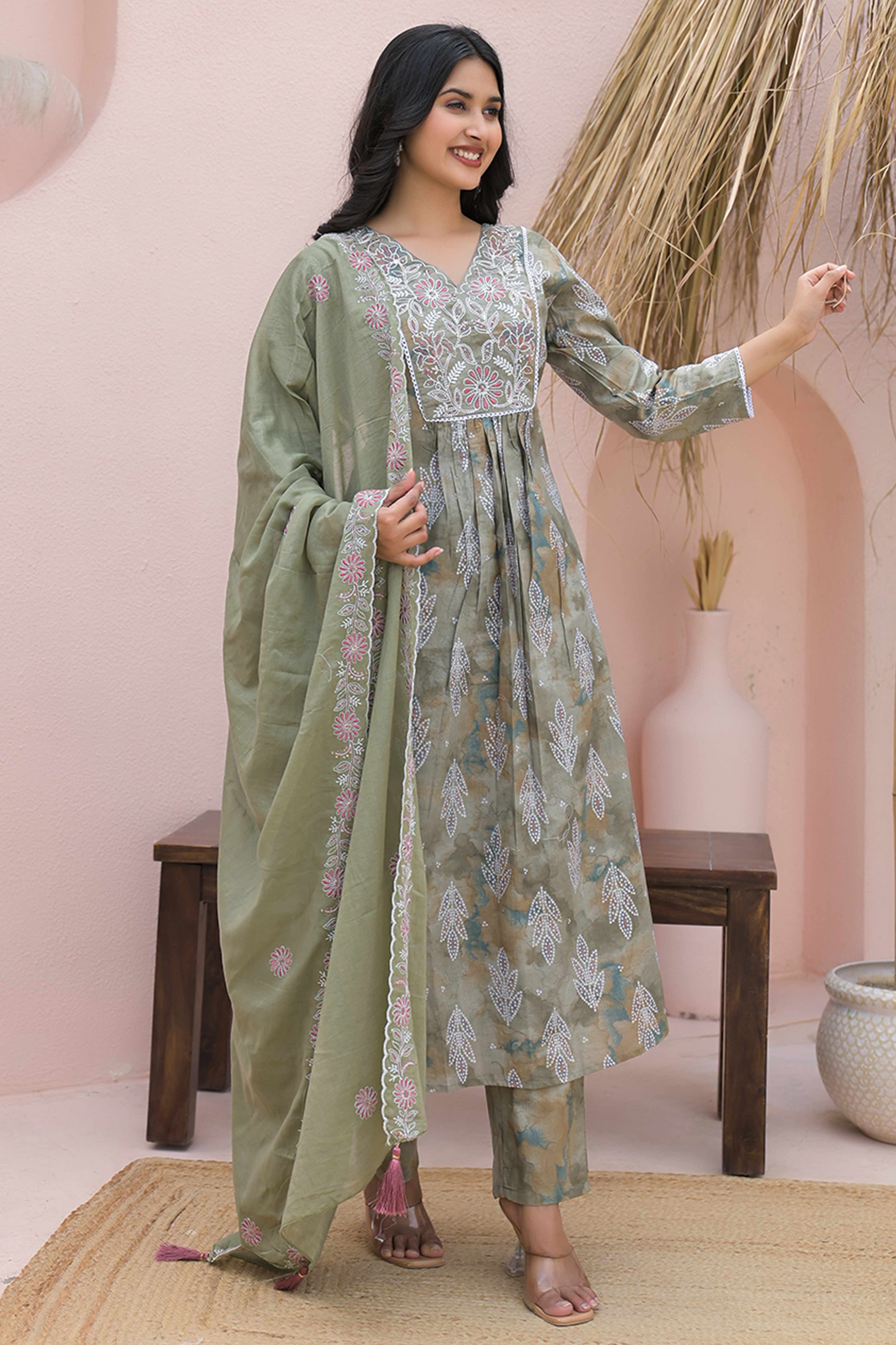Olive Printed and Embroidered Pure Cotton Salwar Suit in Flattering A-Line Cut