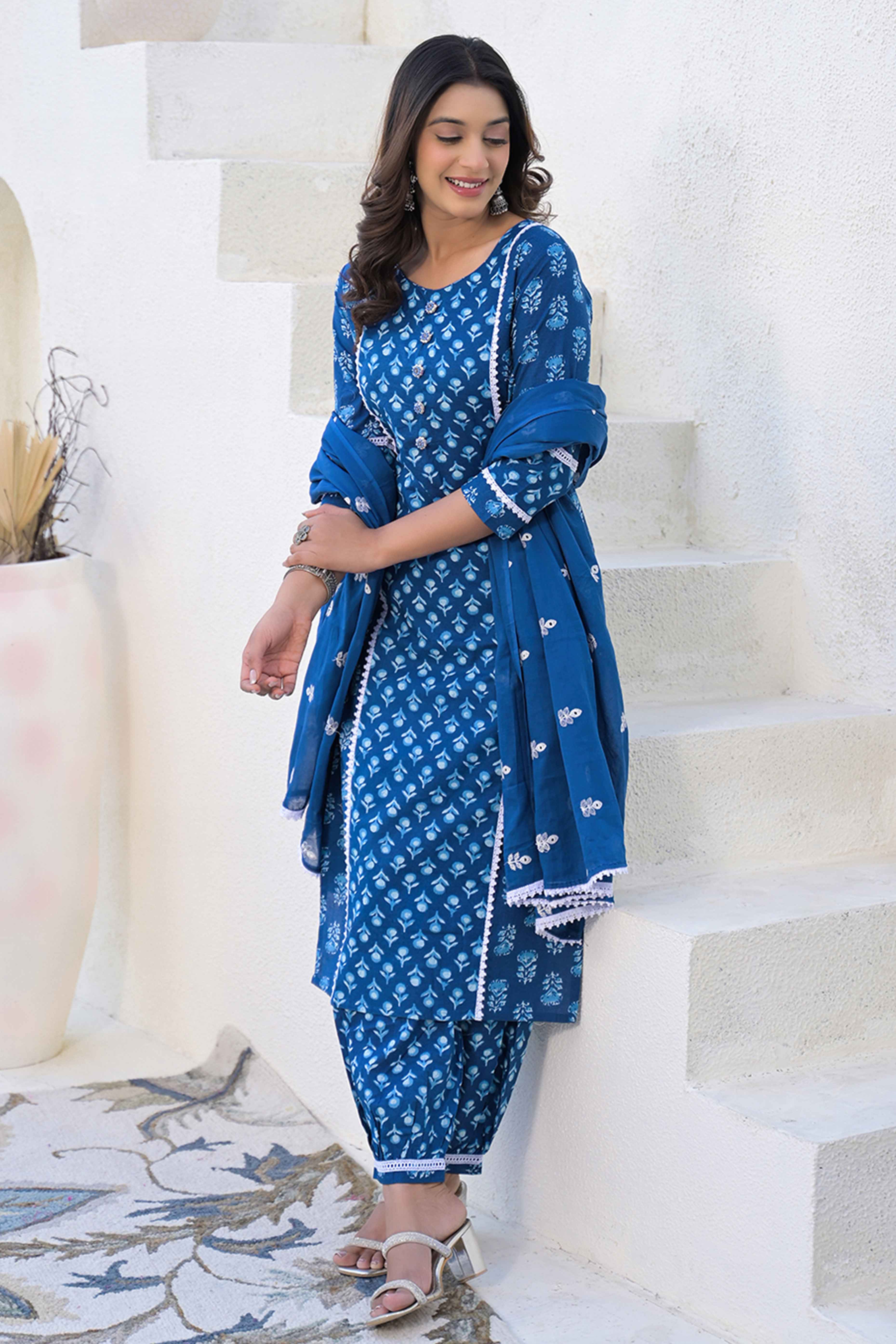 Navy Blue Floral Printed Cotton Suit With Straight Cut Design
