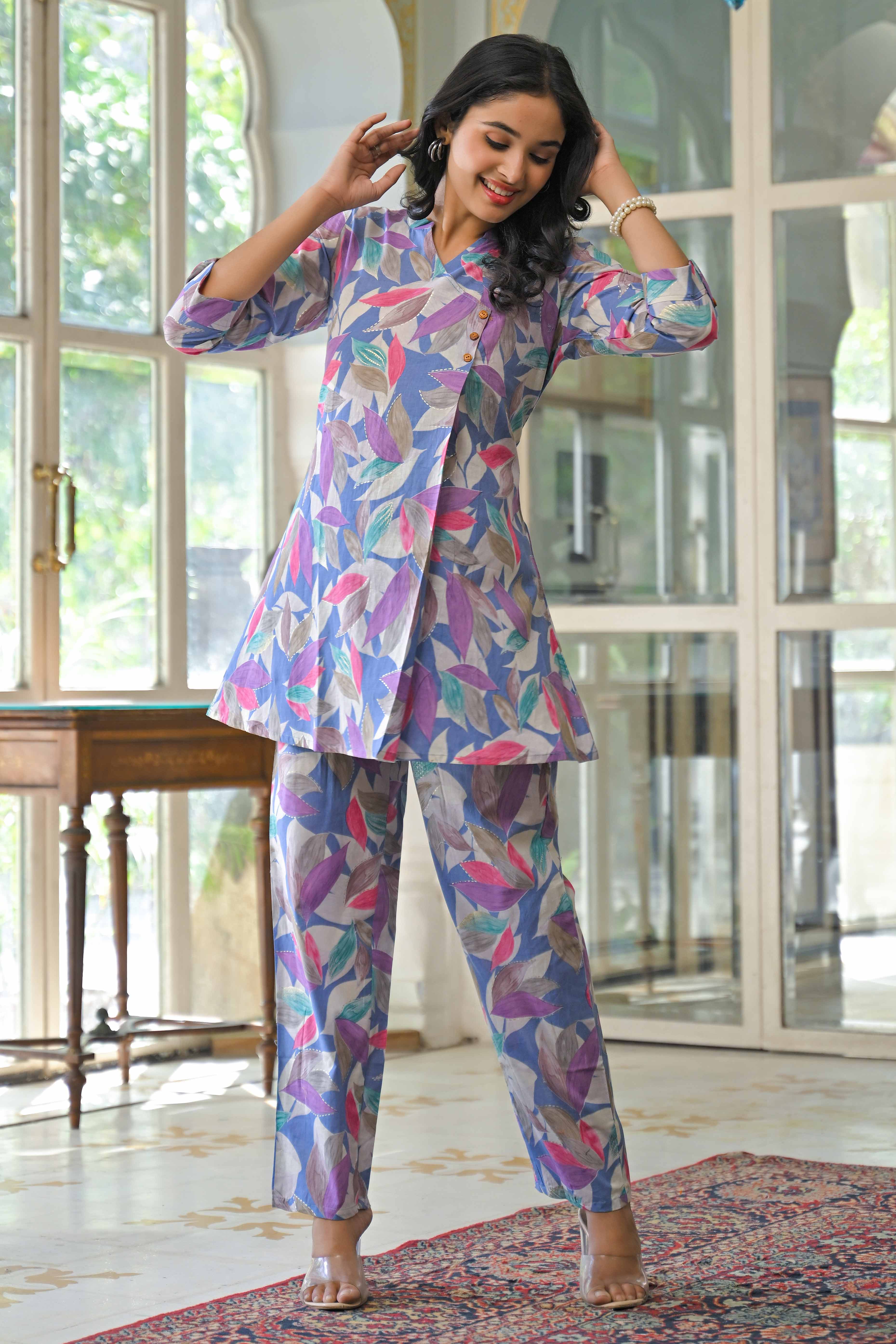 Multicolor Floral Foil Printed Pure Cotton A-Line Top Bottom Set