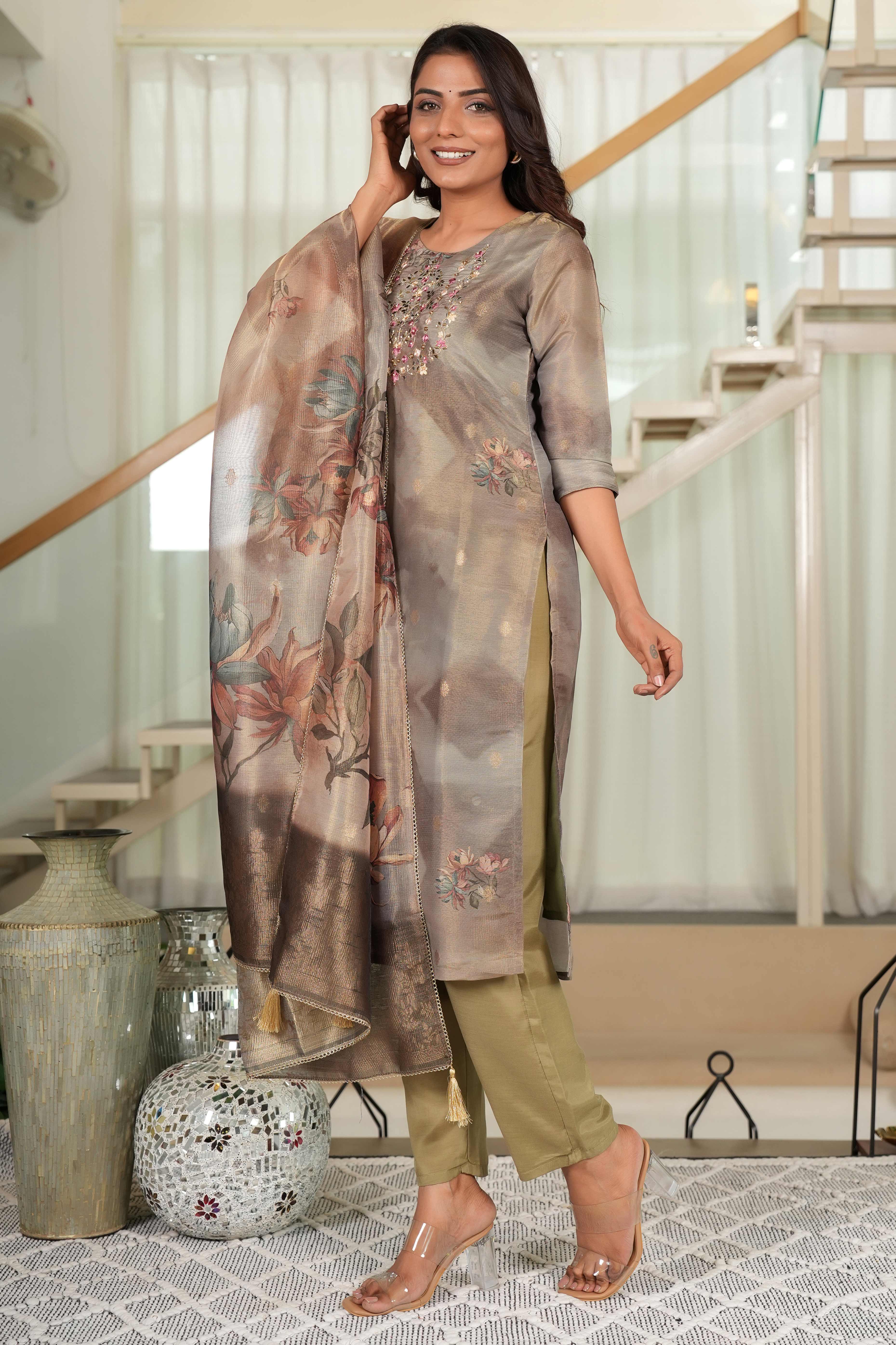 Dark Olive Shimmer Chanderi Silk Suit with Floral Digital Work & Subtle Hand Embroidery