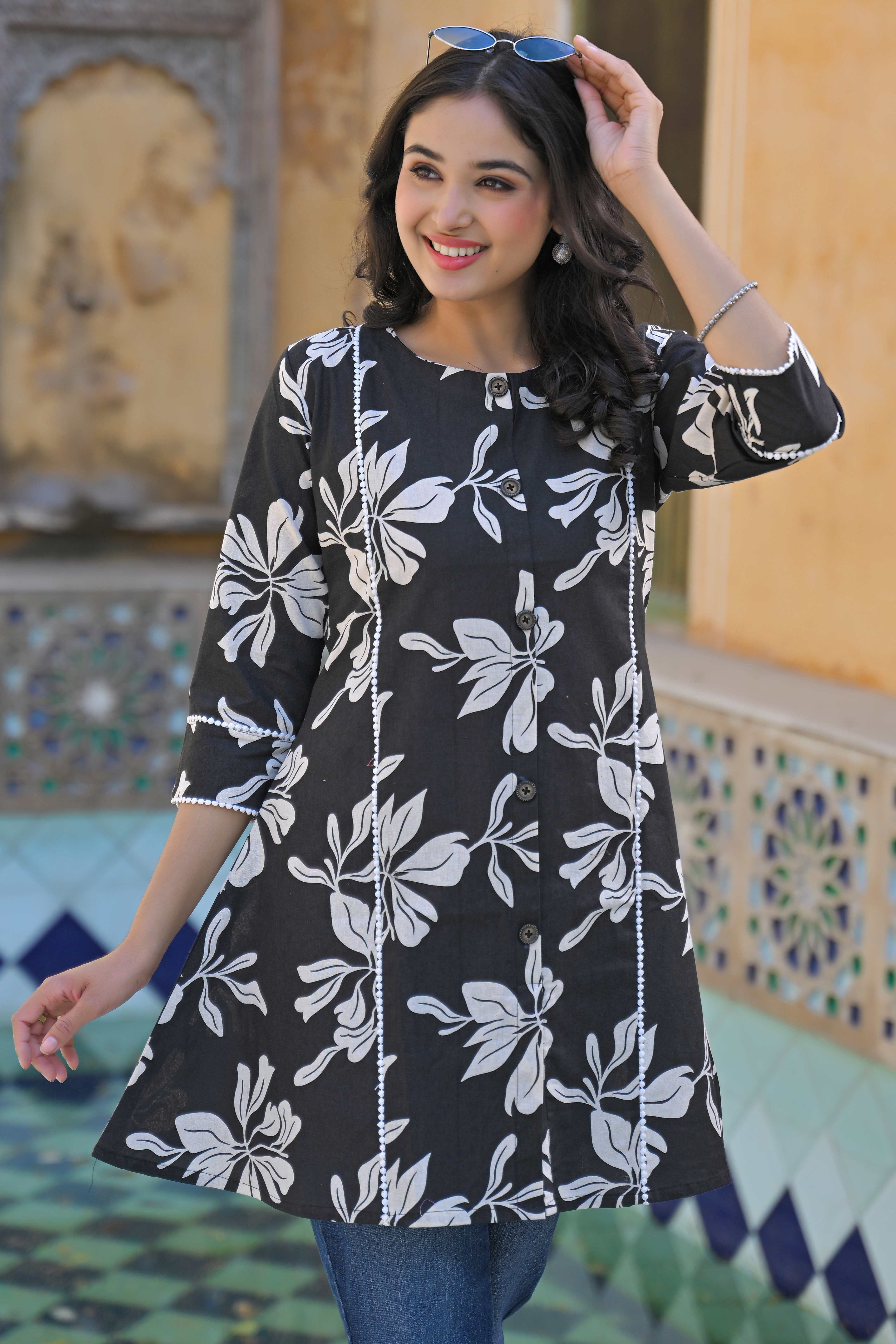 Black Floral Printed Pure Cotton A-Line Top