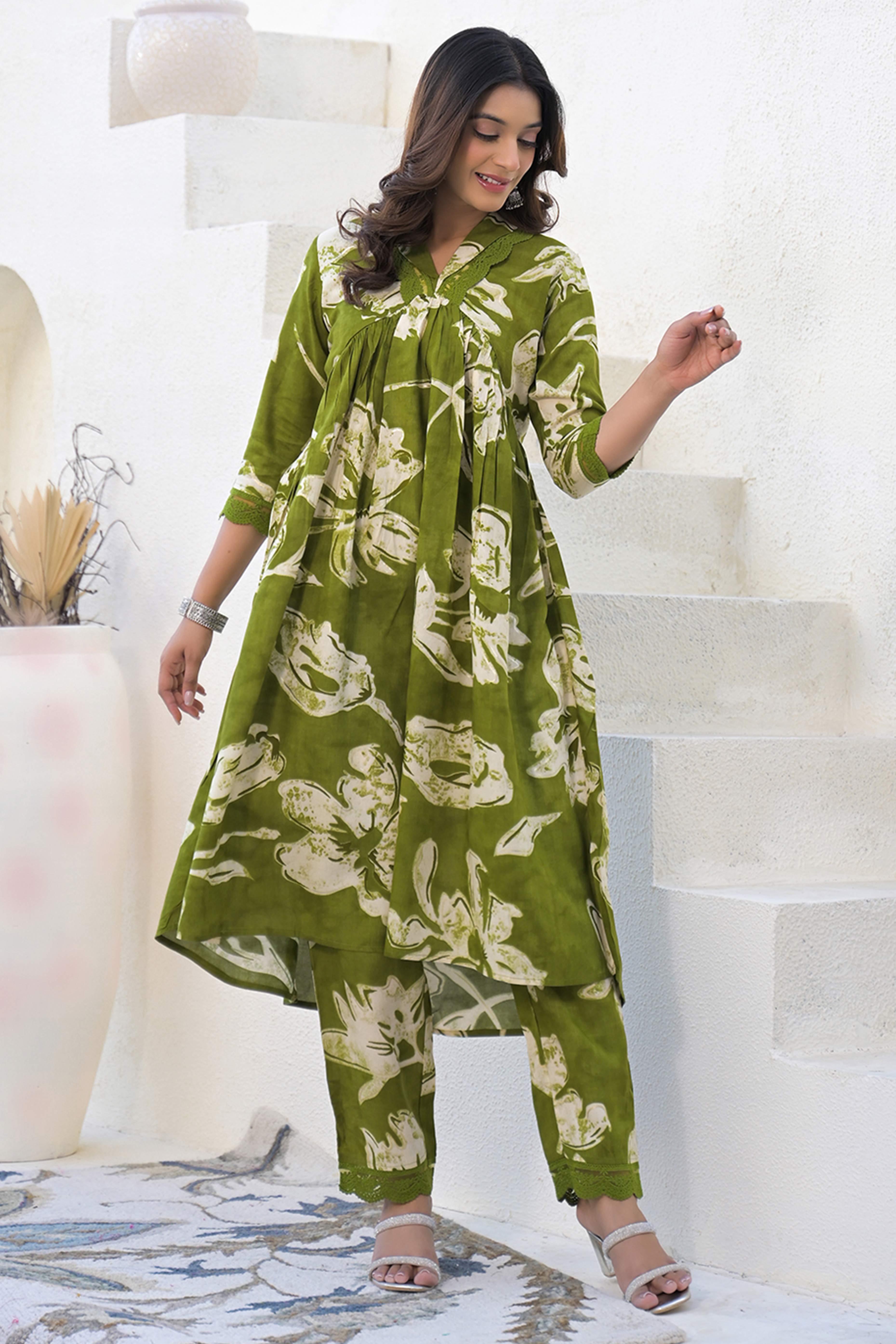 Flourishing Print Green Rayon A-Line Co-Ord Set