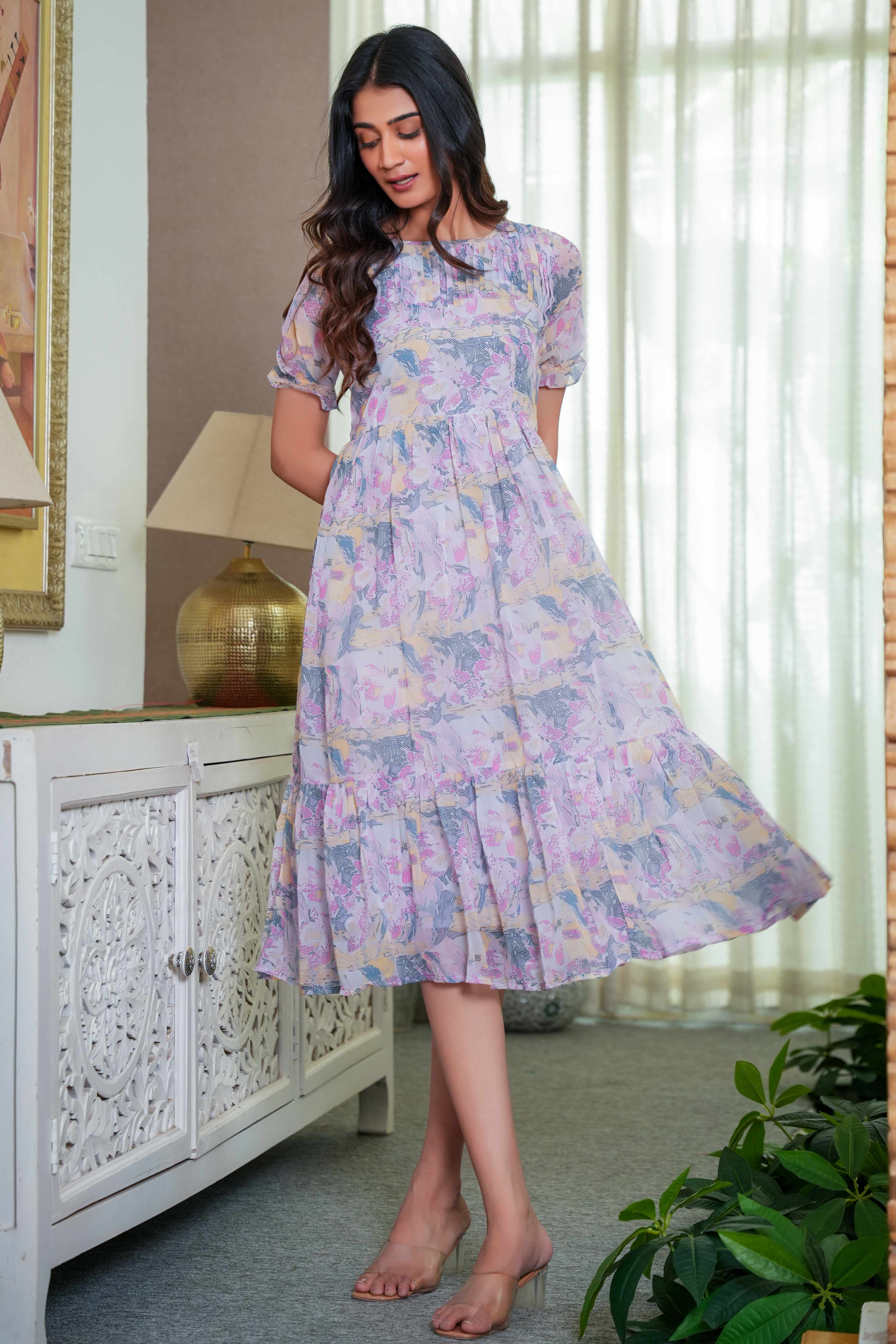 Floaty Lavender Floral Print Maxi Dress in Chiffon