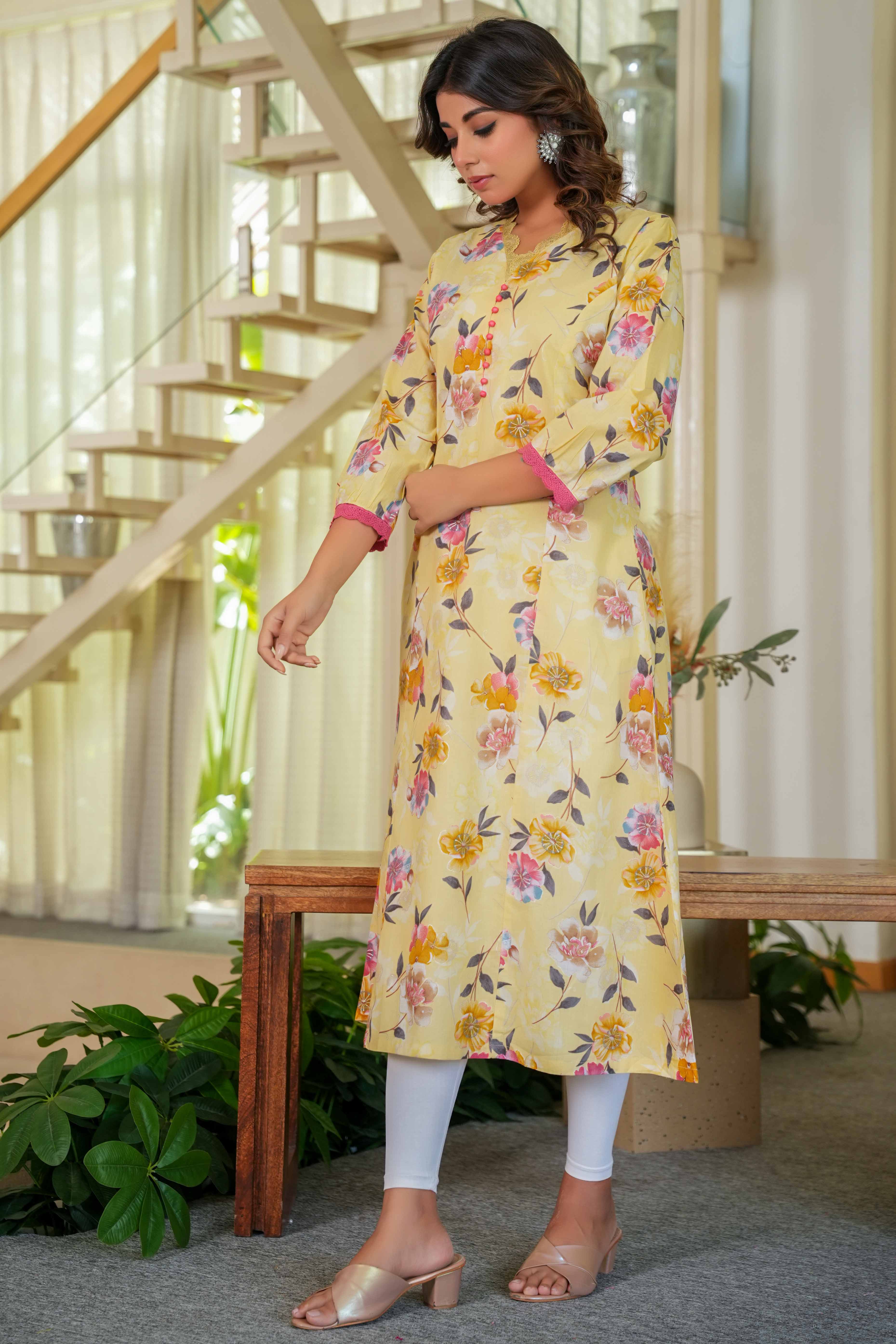 Pure Cotton Yellow Kurti with Feminine Floral Prints and Straight Cut Design