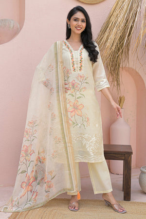 Powder Yellow Cotton Linen Salwar Suit with Printed Blooms and Delicate Embroidery Highlights
