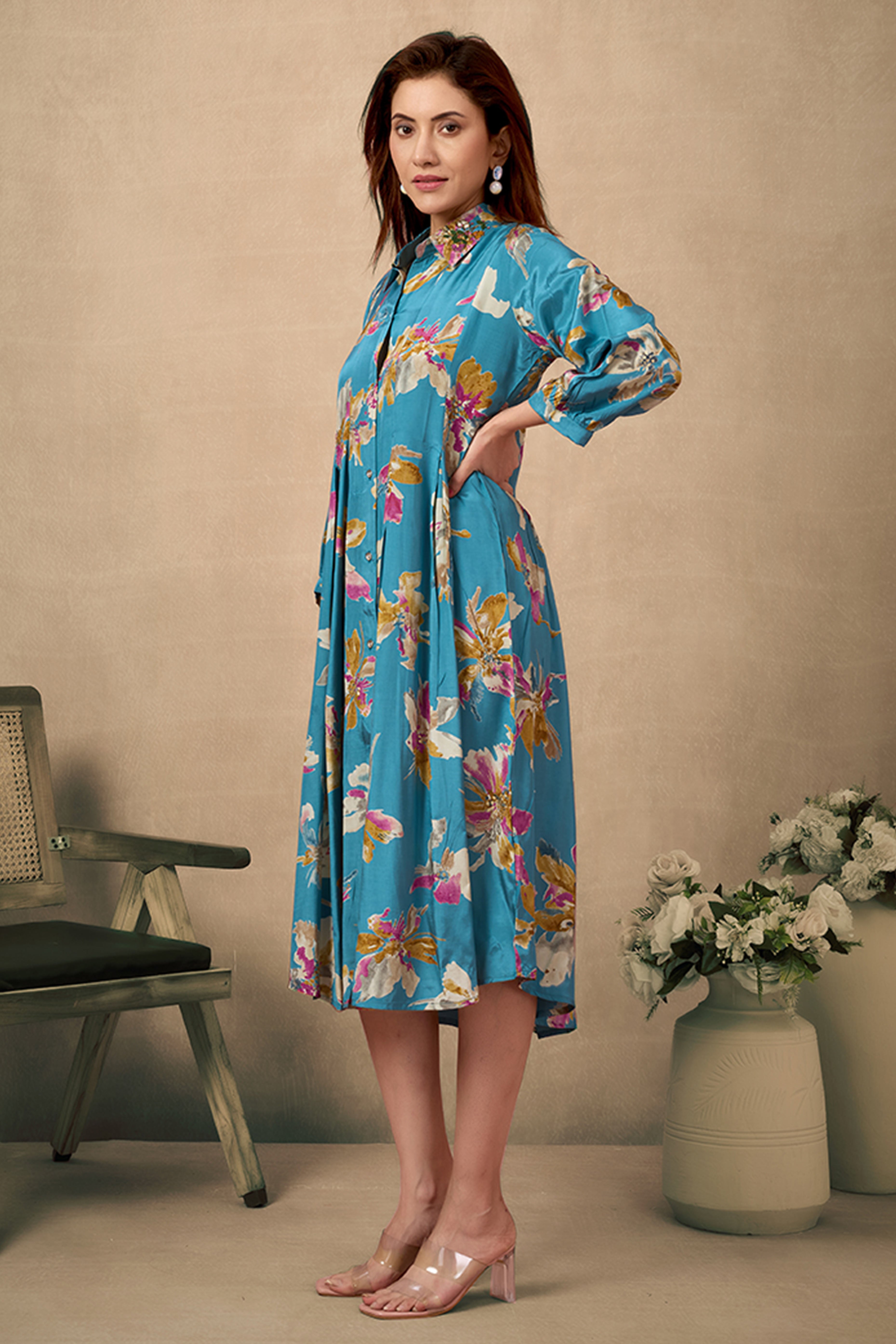 Turquoise Floral Printed Muslin Dress with a Flattering A-Line Silhouette