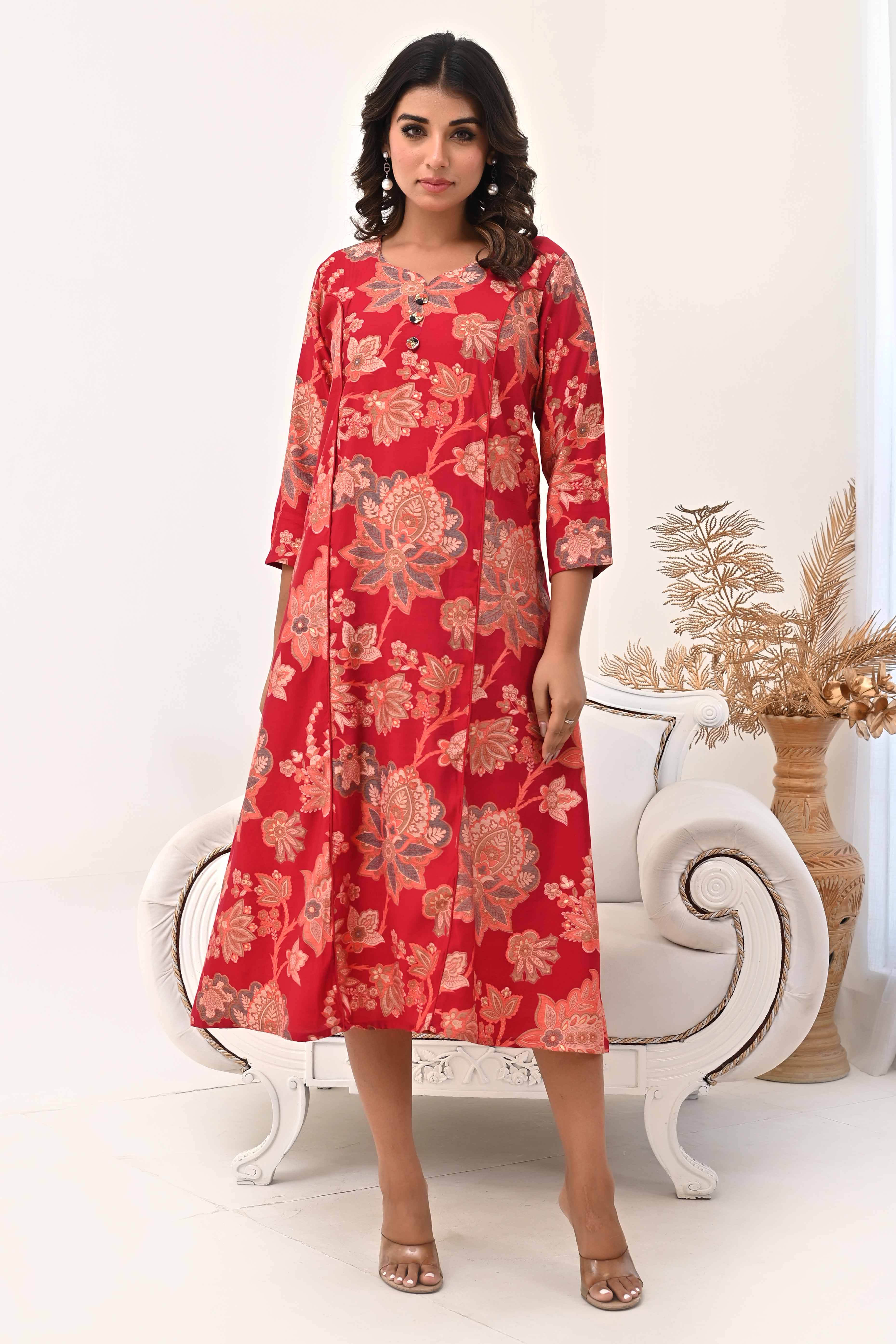 Red Chanderi Silk Kurti Dress with Artistic Floral Prints