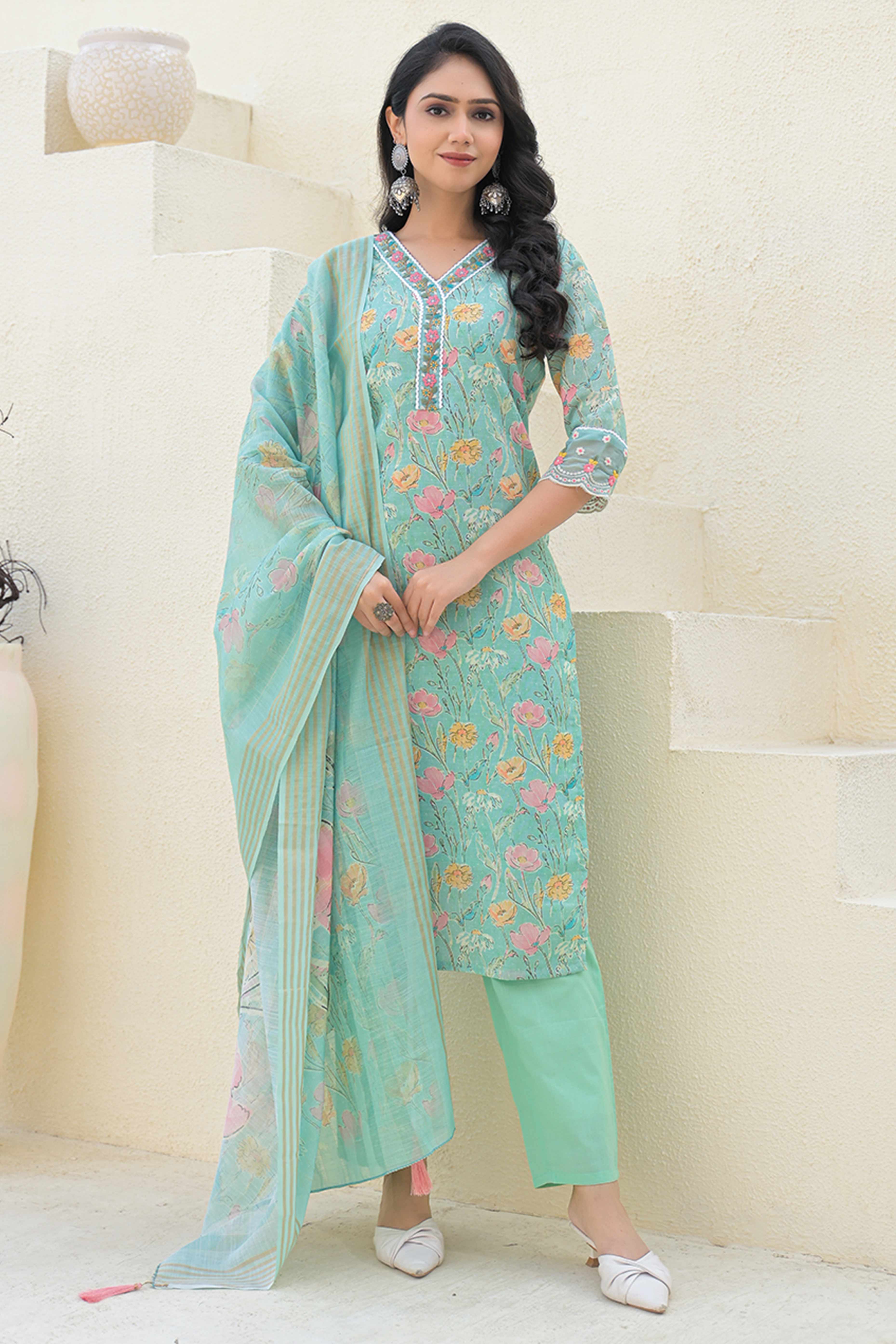 Sea Green Linen Straight Suit Featuring Printed Florals & Delicate Embroidery