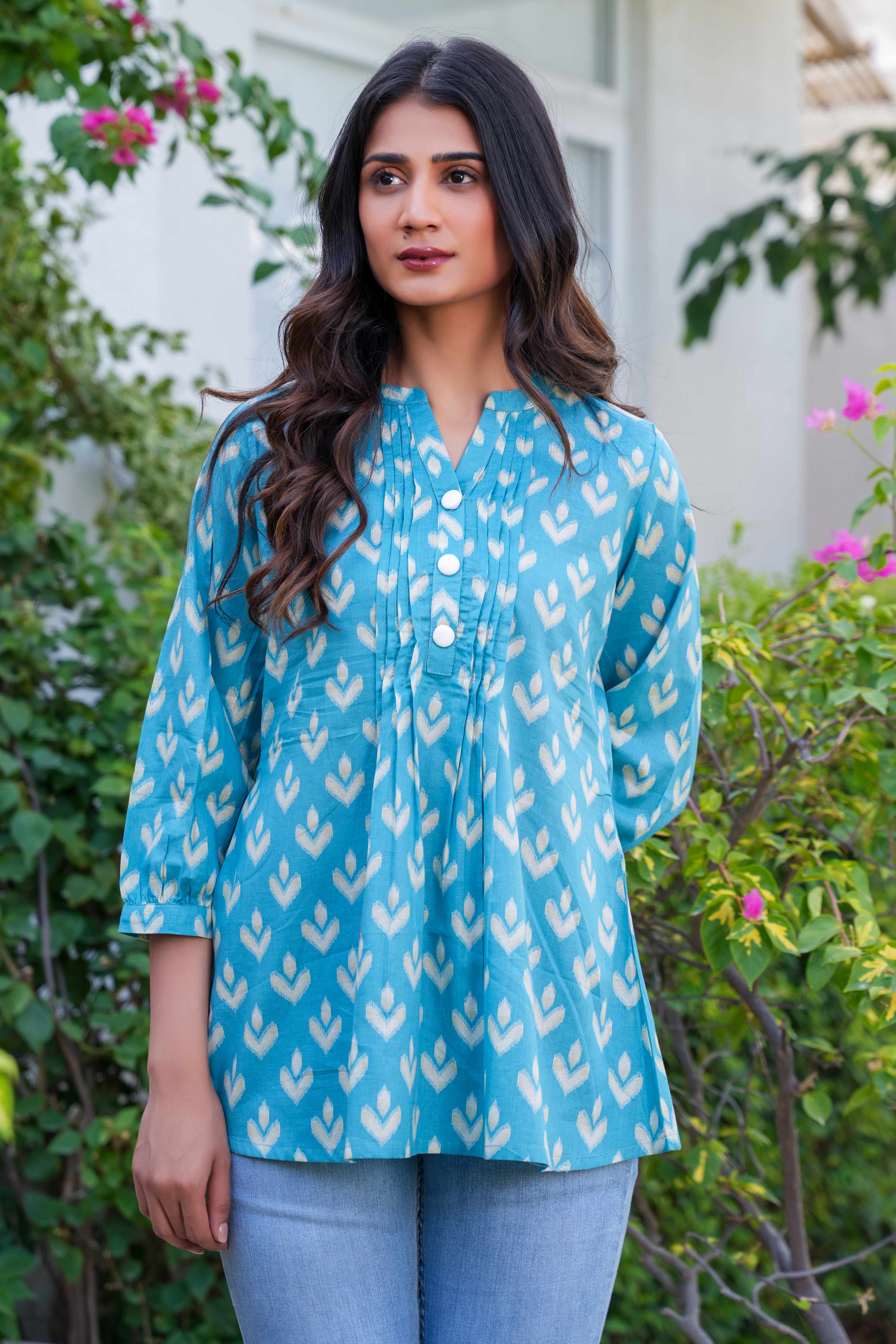Sky Blue Ikkat Printed Pure Cotton A-Line Tunic for Everyday Wear