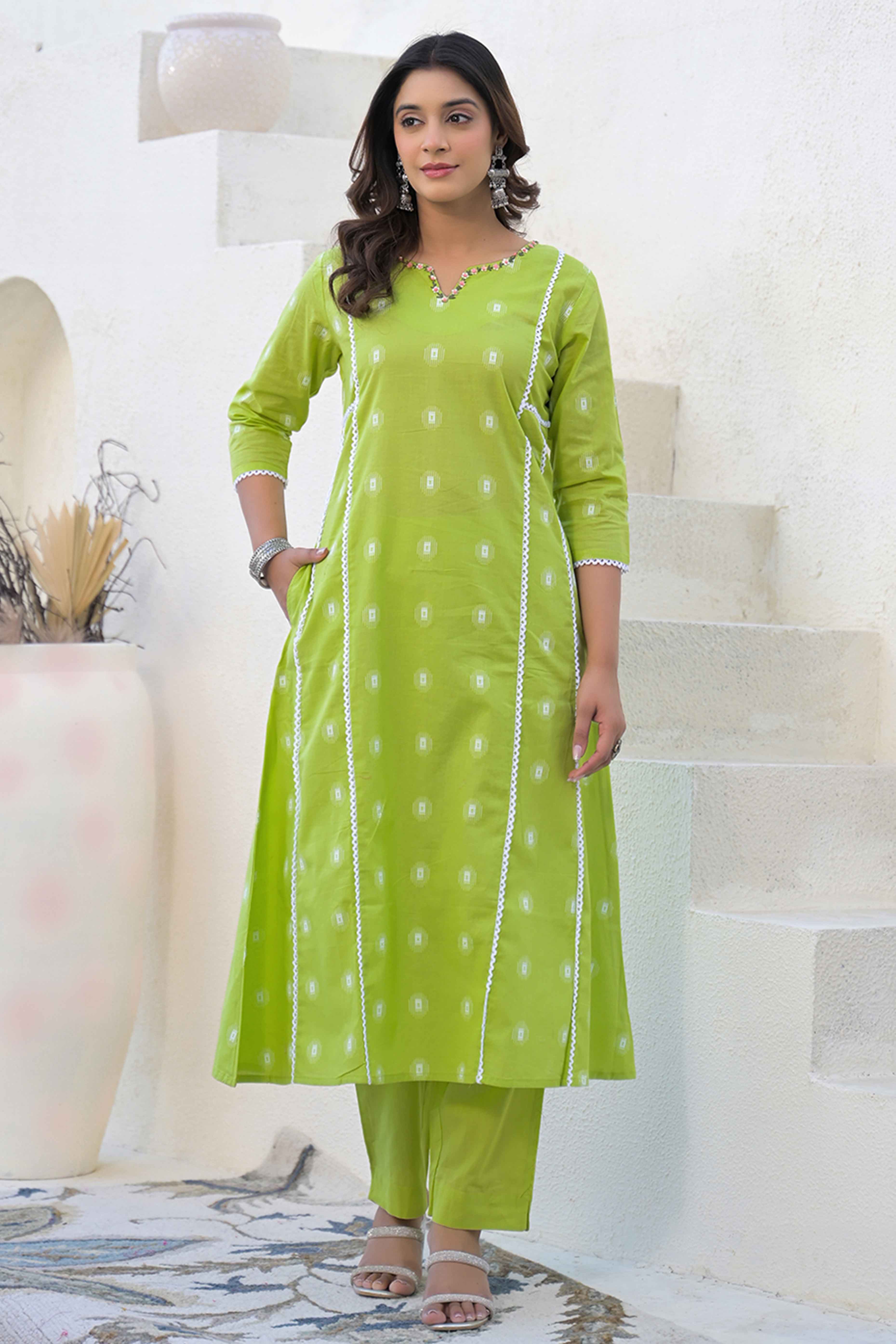 Parrot Green Floral Printed Cotton Top Bottom Set with Neck Detailing