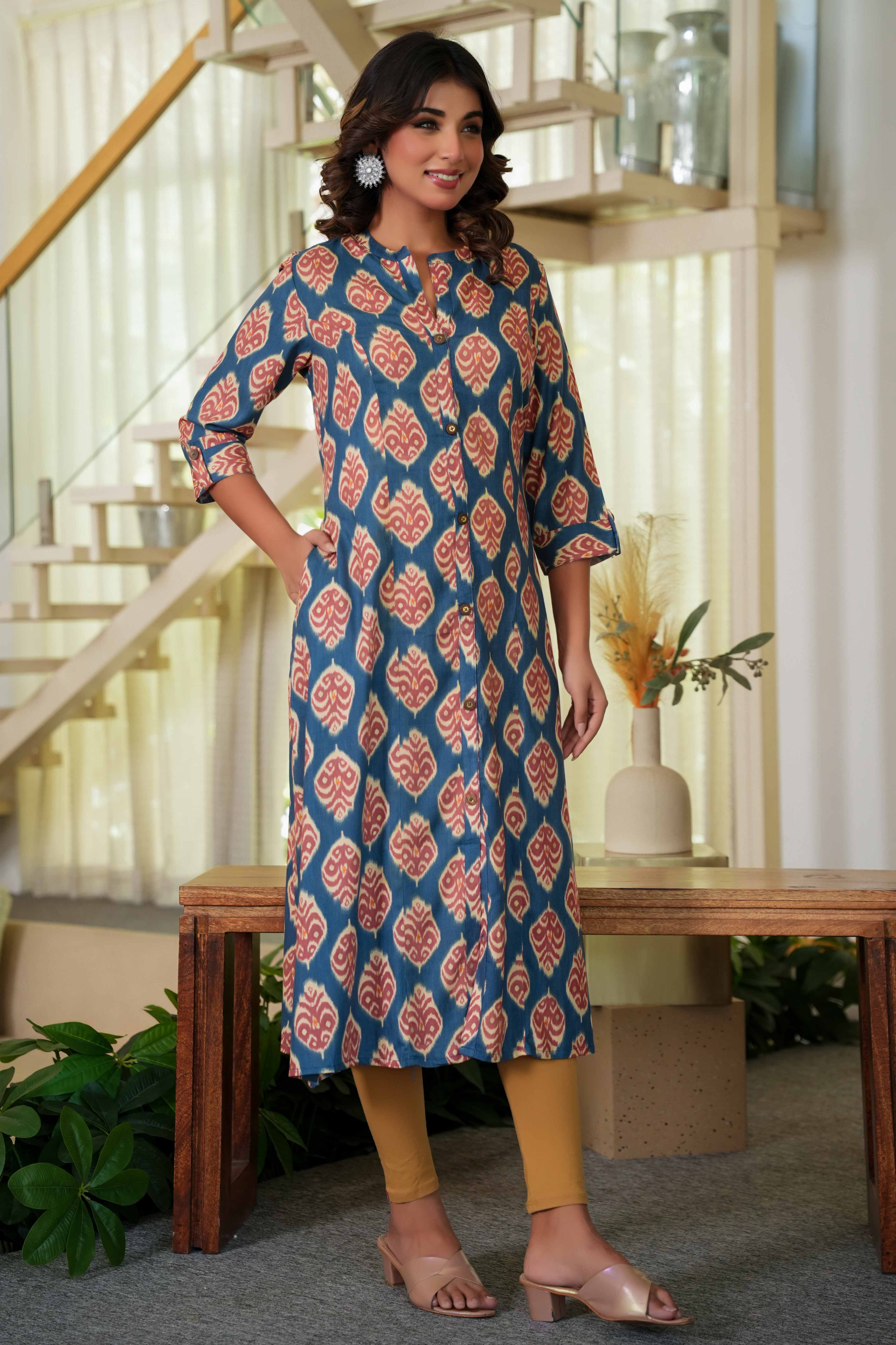 Teal Ikkat Patterned Straight Kurti in Soft Poly Rayon Fabric for All-Day Comfort