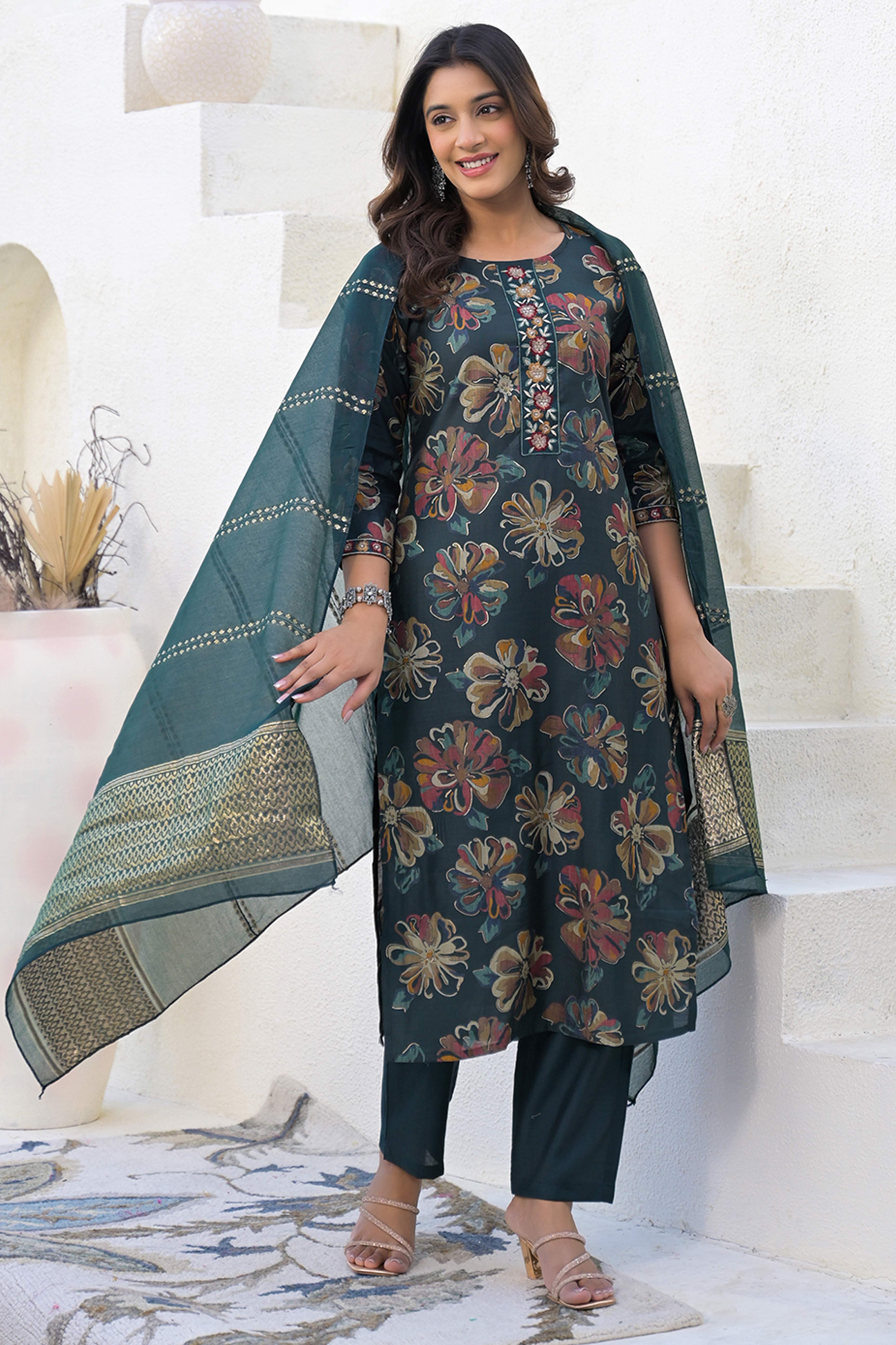 Stylish Bottle Green Viscose Straight Salwar Suit with Floral Pattern