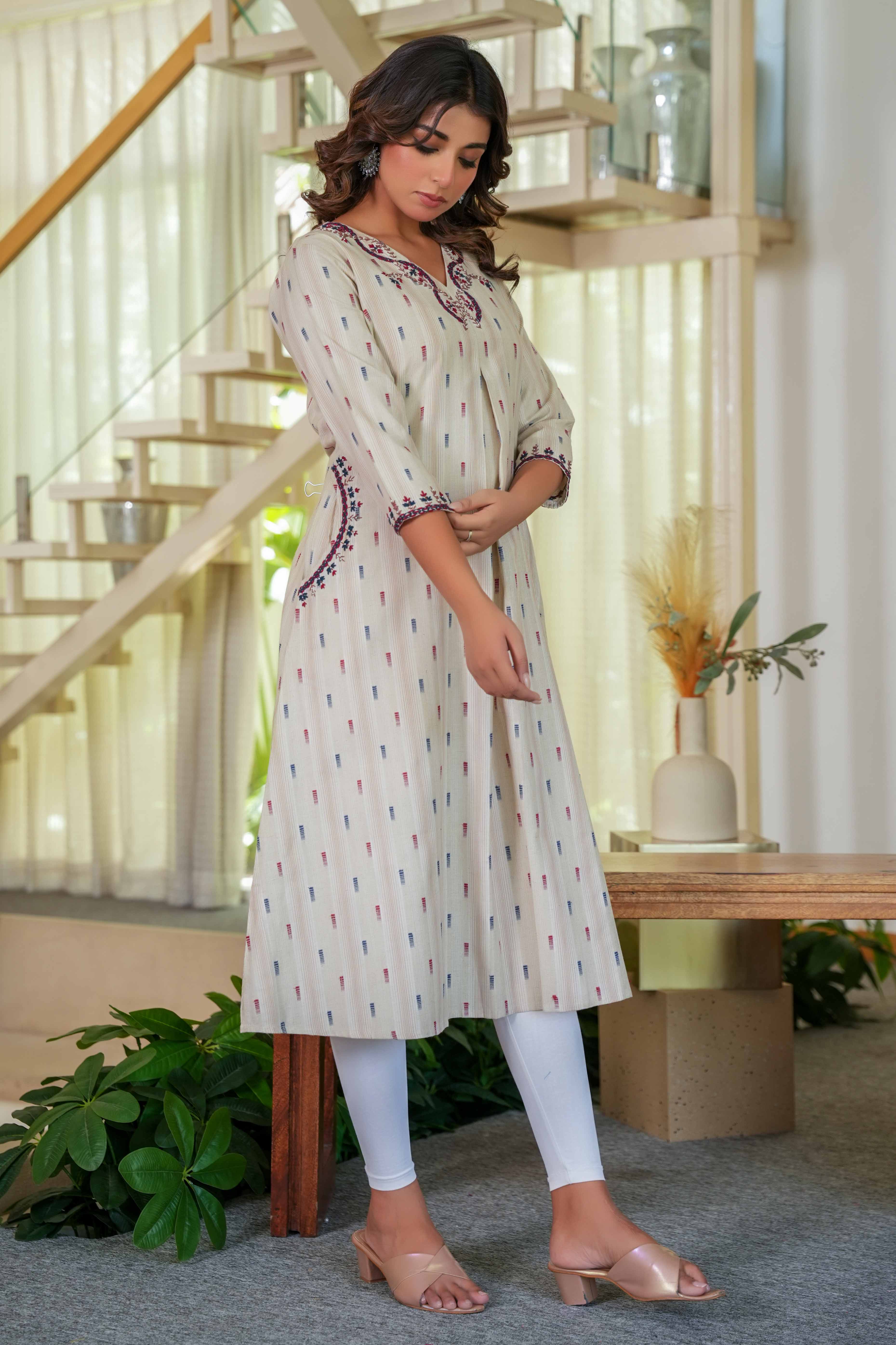 Chic Beige A-Line Pure Cotton Woven Kurti Highlighted with Embroidered Neckline