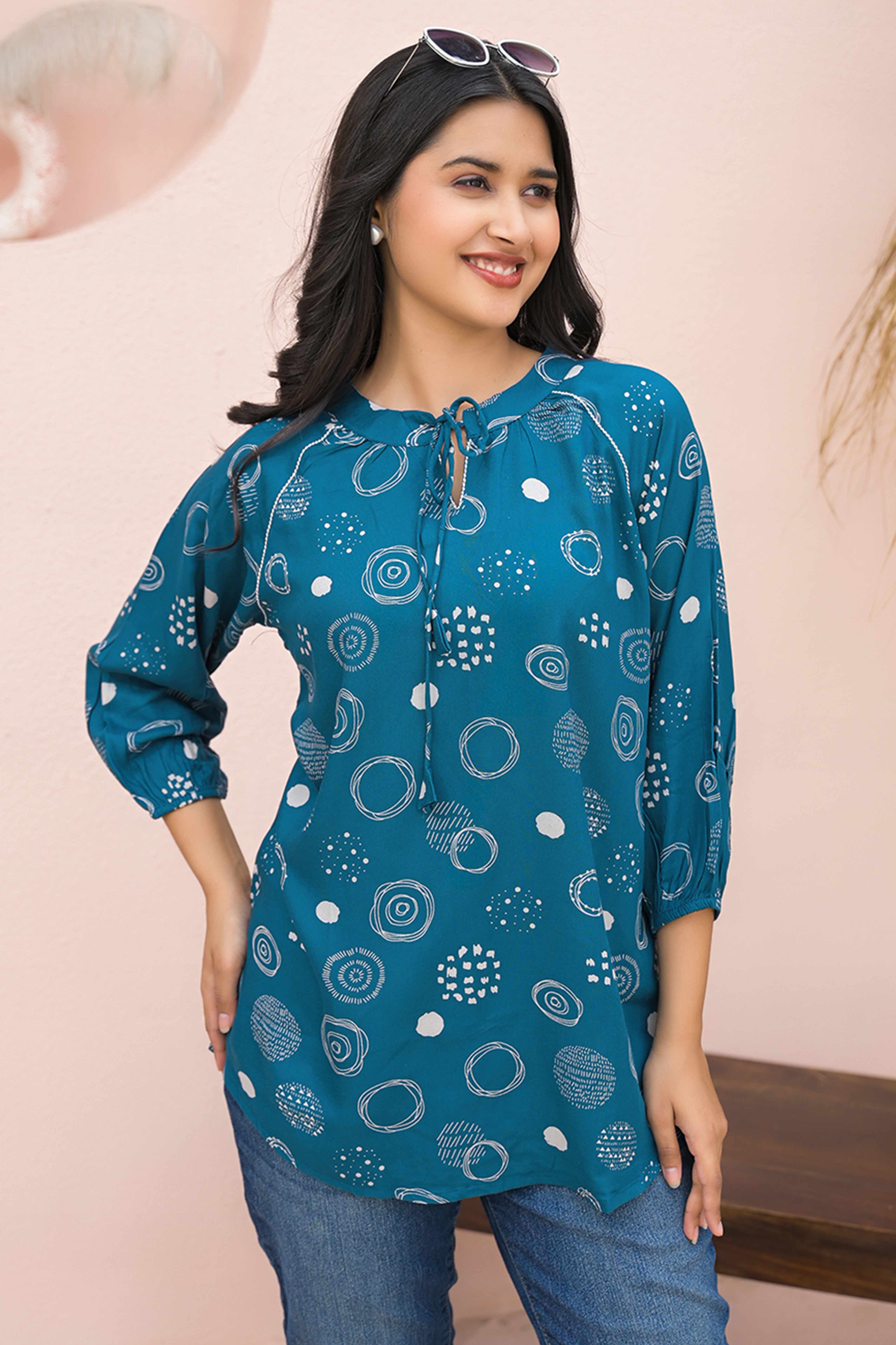 Trendy Blue Straight-Cut Rayon Top with All-Over Print
