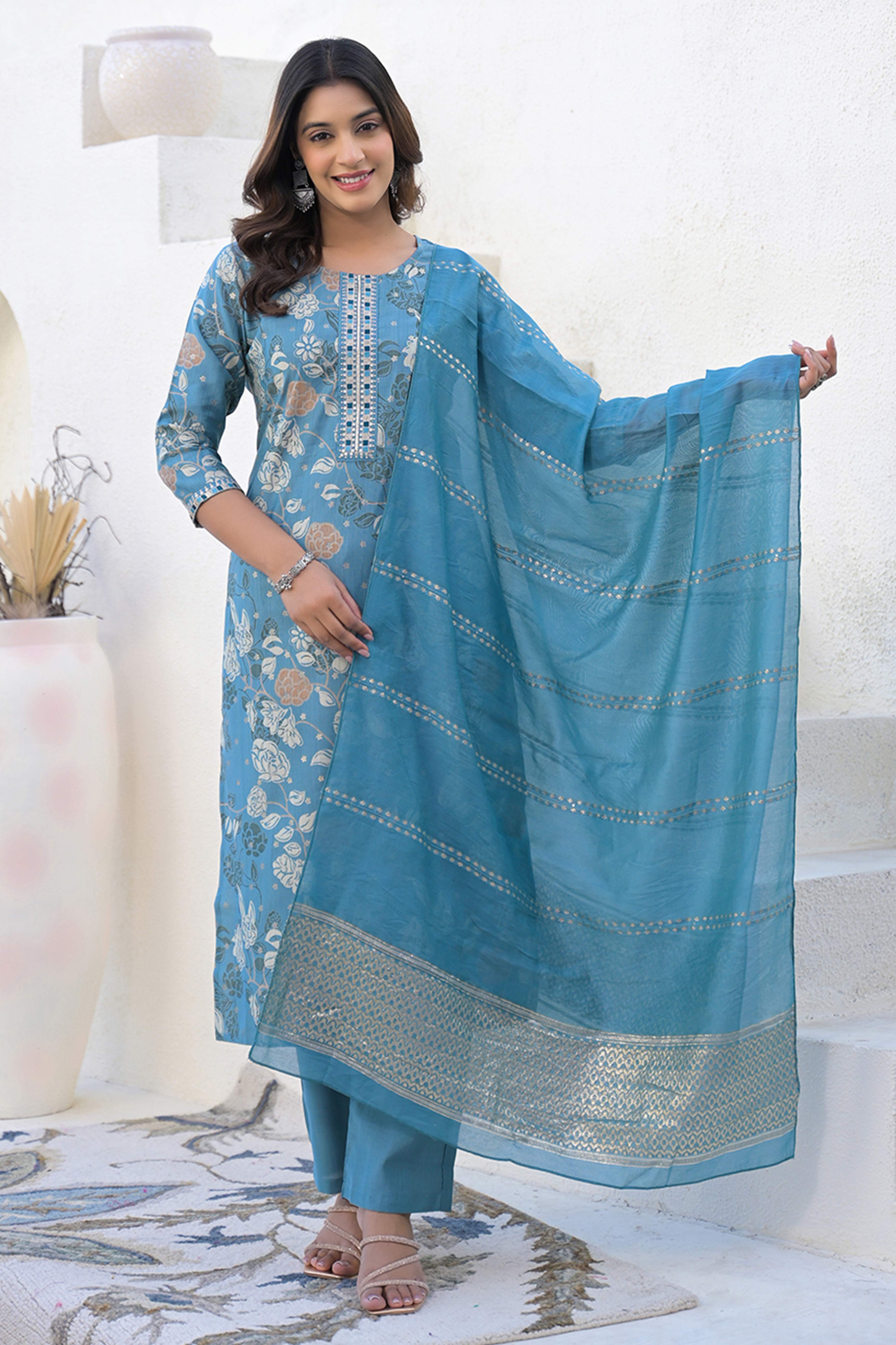 Blue Straight Viscose Salwar Suit With Delicate Floral Prints