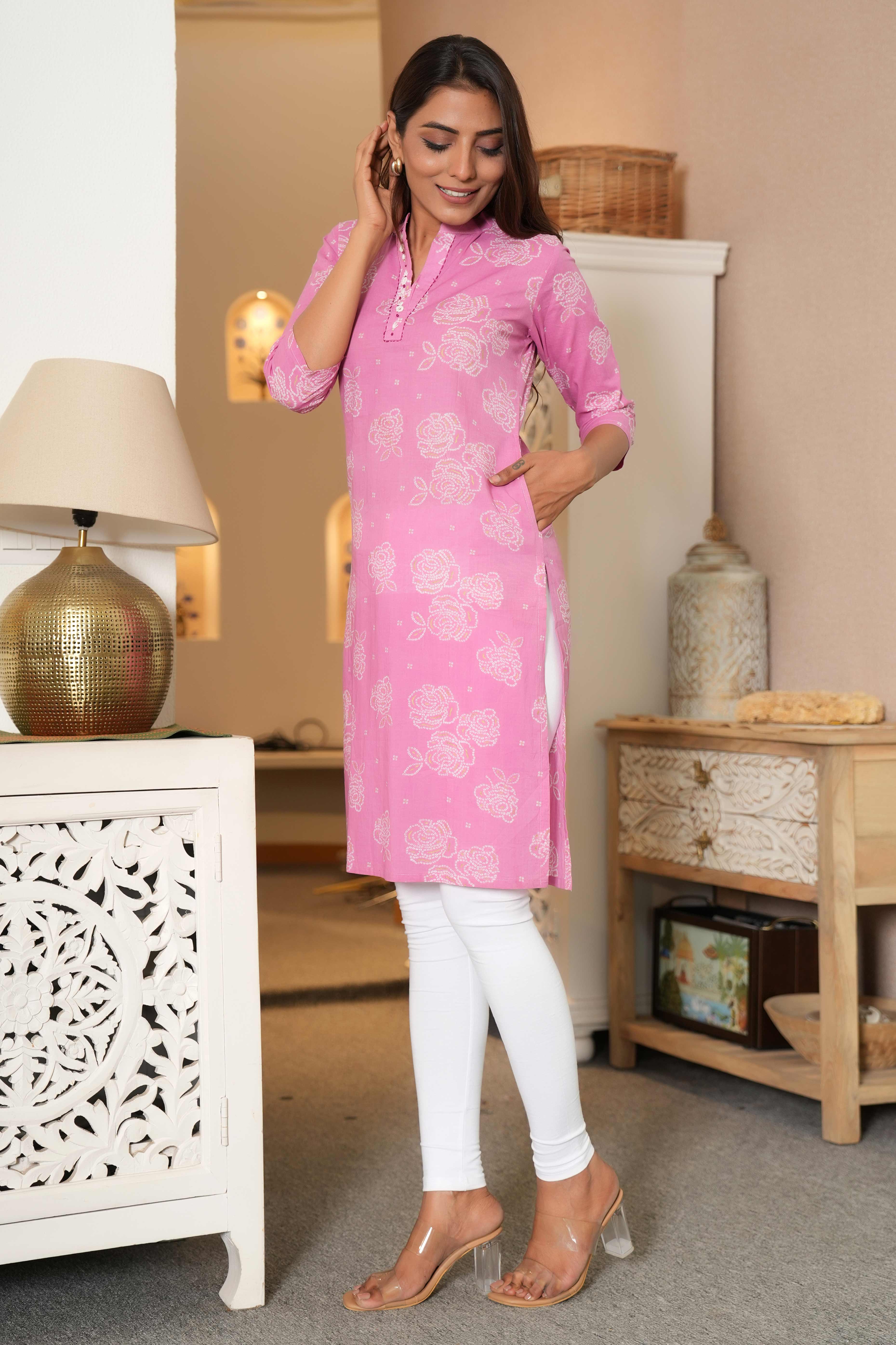 Light Pink Floral Cotton Kurti in Straight Fit For Daily Wear