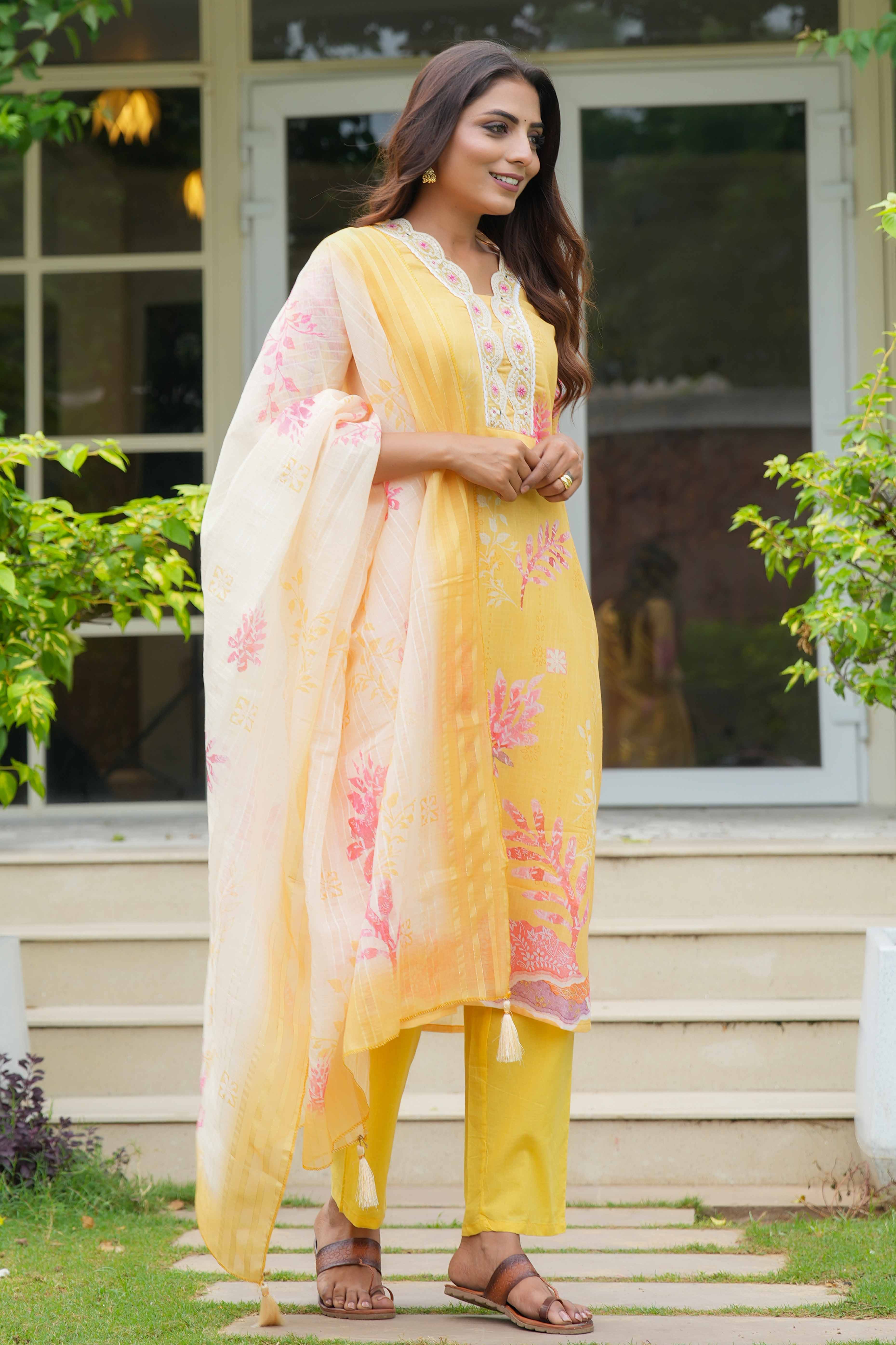Yellow Floral With Lace Work One Neck Linen Salwar Suit