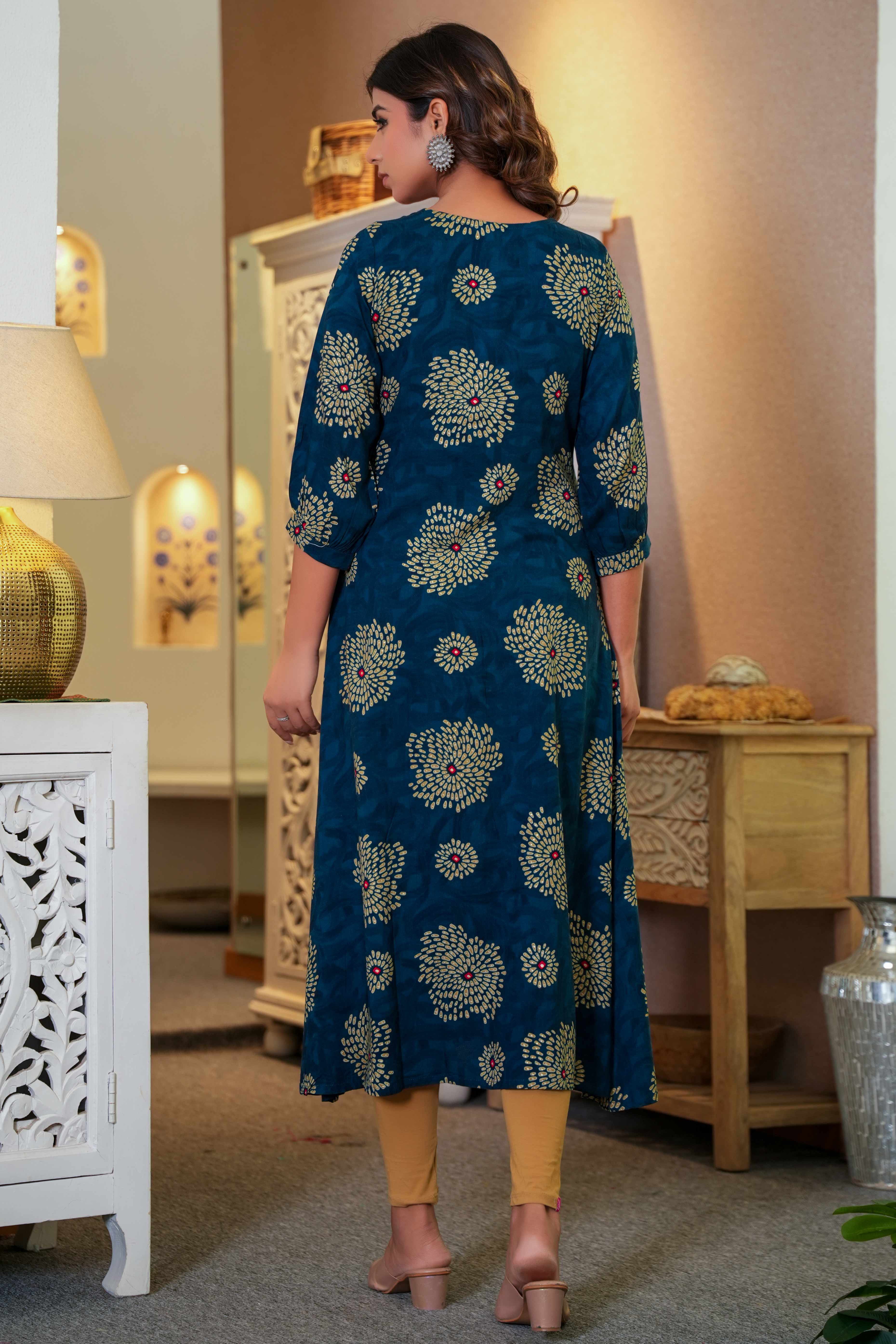 Comfort Fit Viscose A-Line Kurti in Dark Blue with Feminine Floral Print