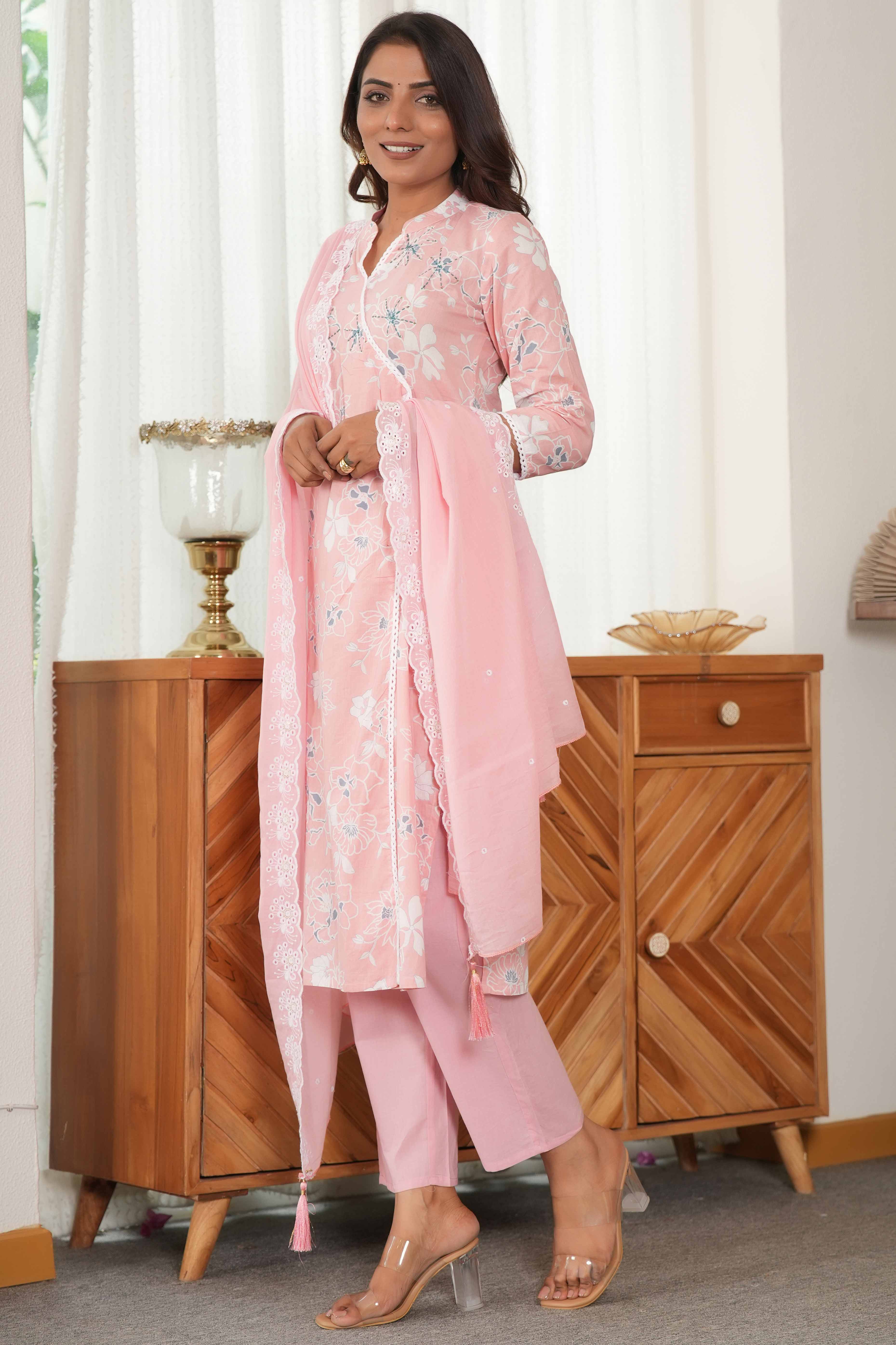 Powder Pink Floral Printed Cotton Suit with Ethnic Angrakha Flair