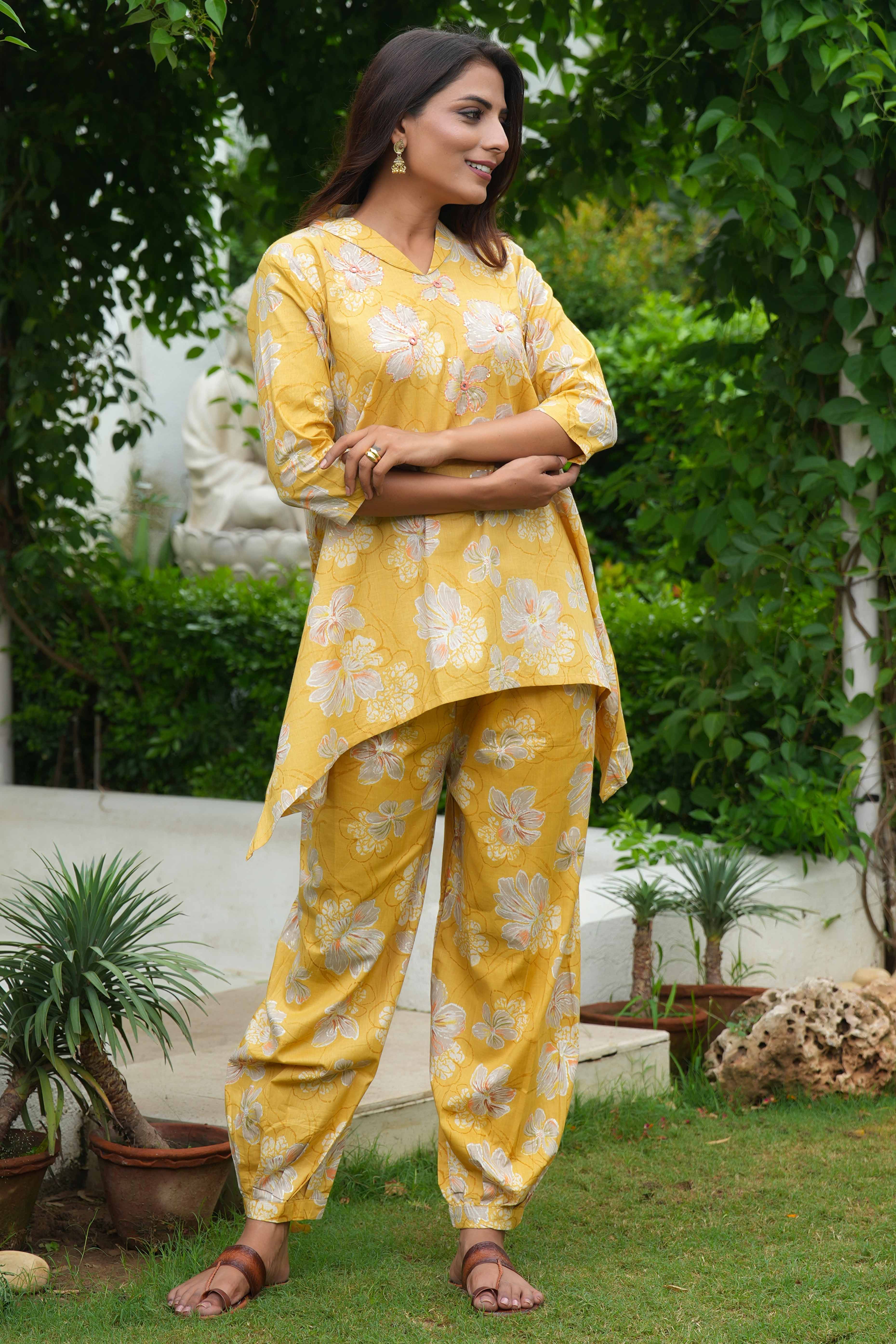 Yellow Co-Ord Set in Pure Cotton with Floral Print & Hand Embroidery