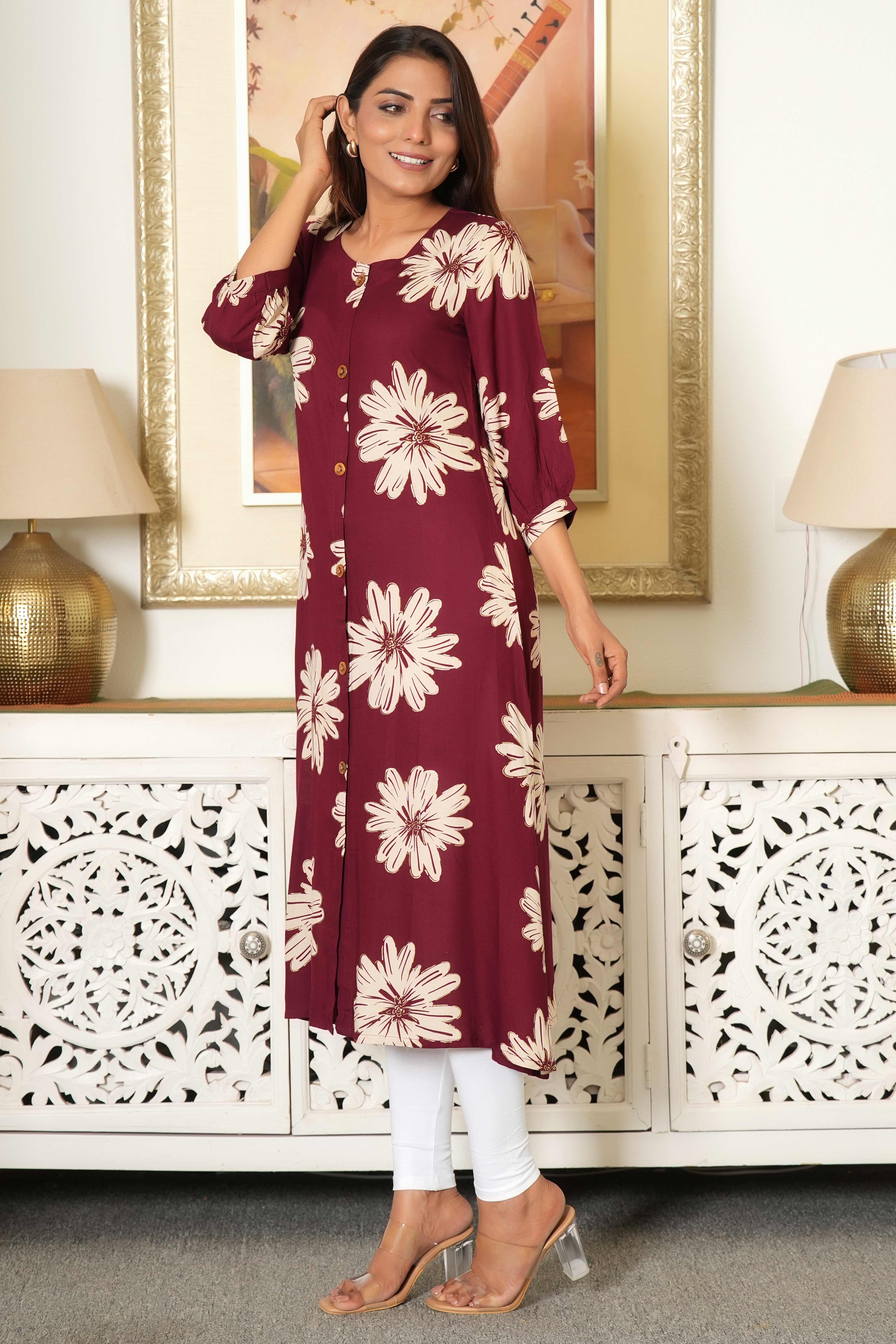 Maroon Printed Rayon Kurti in Flattering A-Line Fit