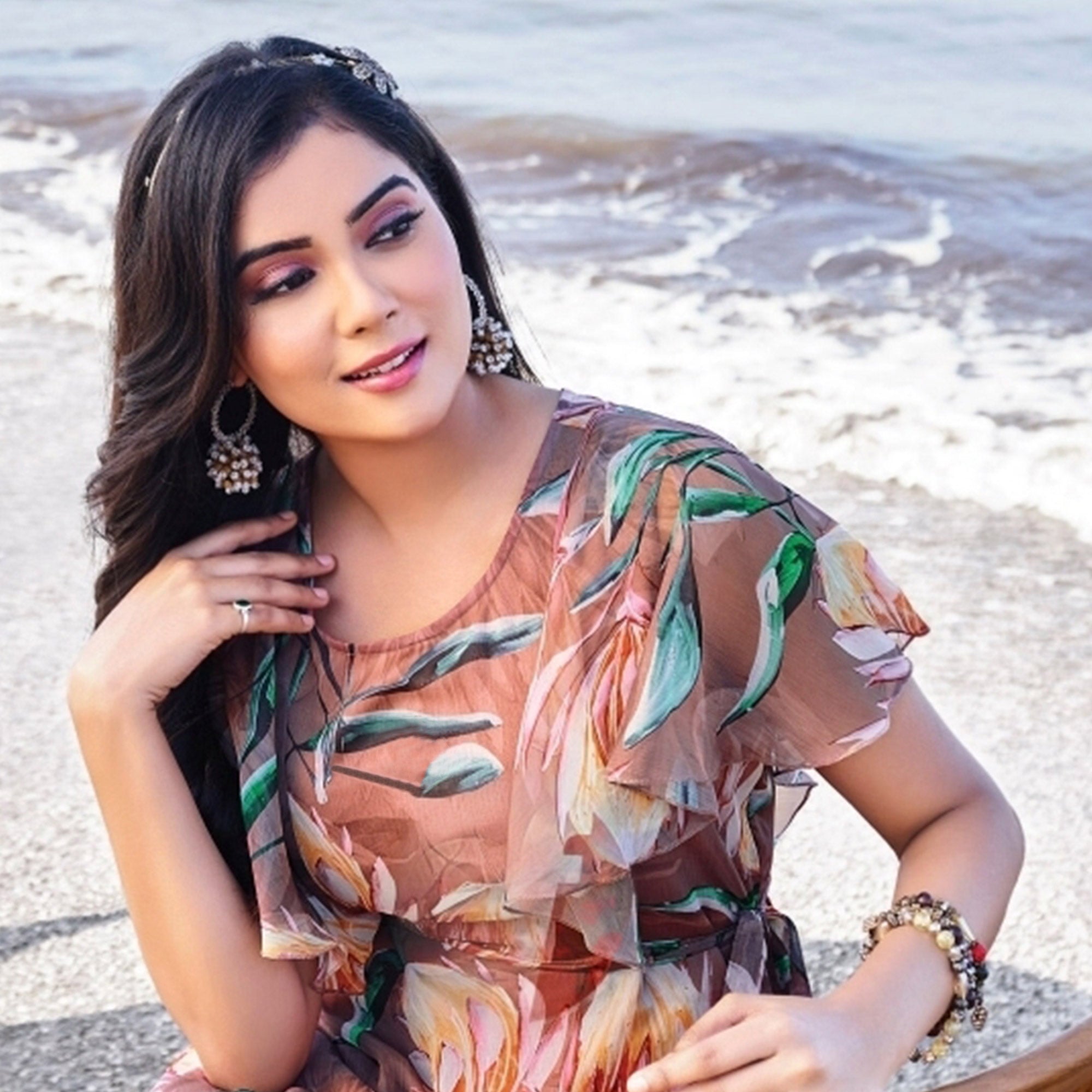 Brown Digital Floral Printed Chiffon Maxi Dress