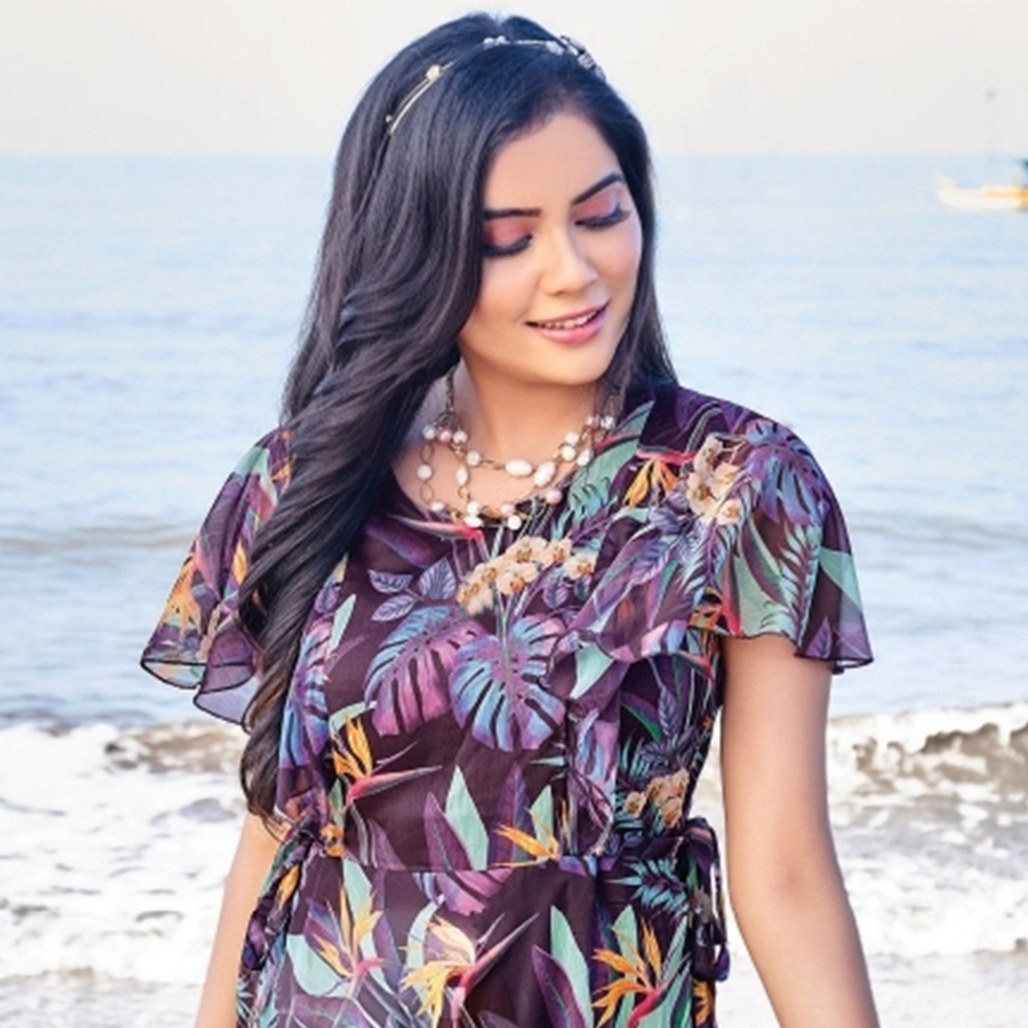 Wine Digital Floral Printed Chiffon Maxi Dress