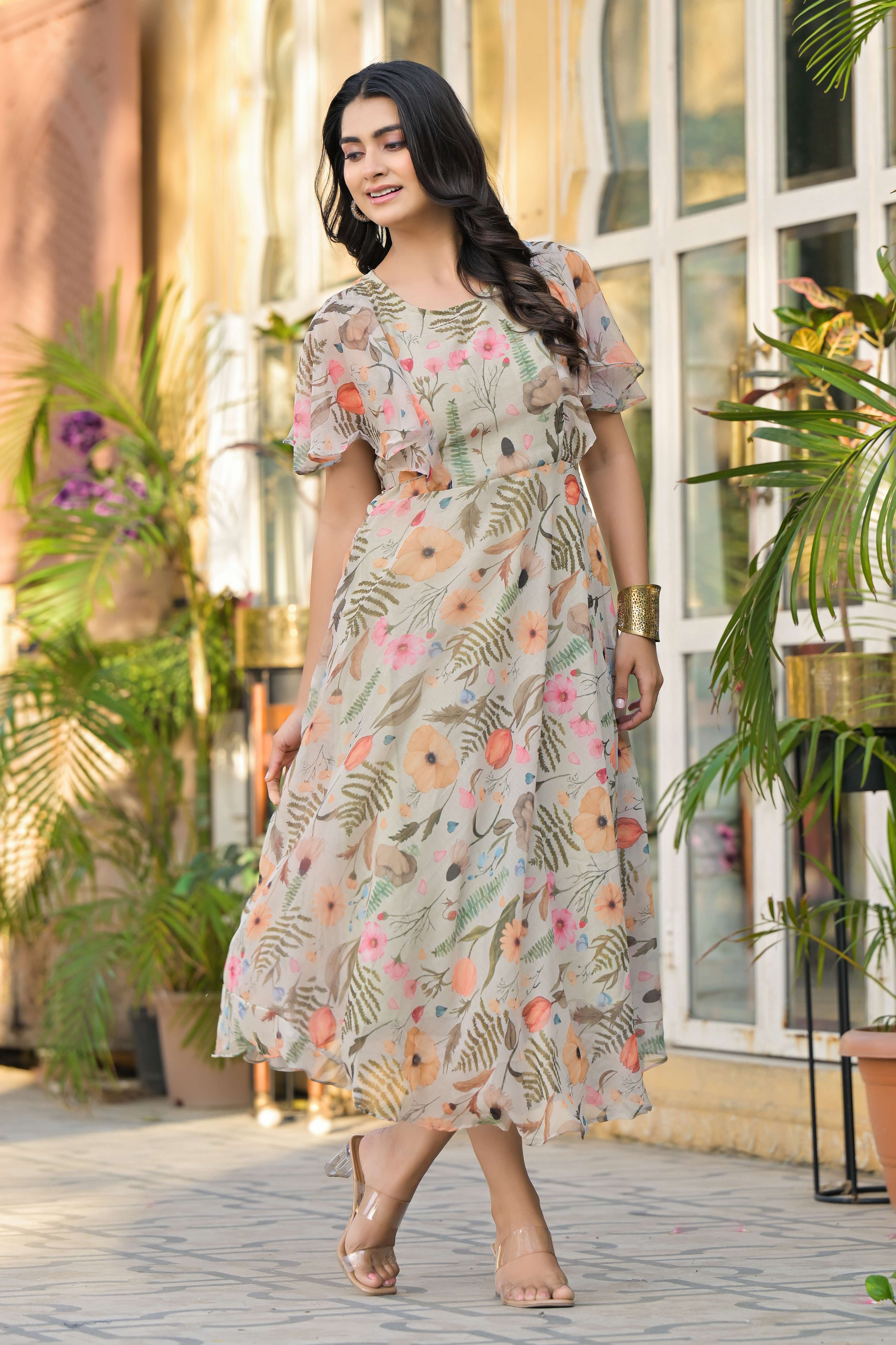 Light Olive Digital Floral Printed Chiffon Maxi Dress