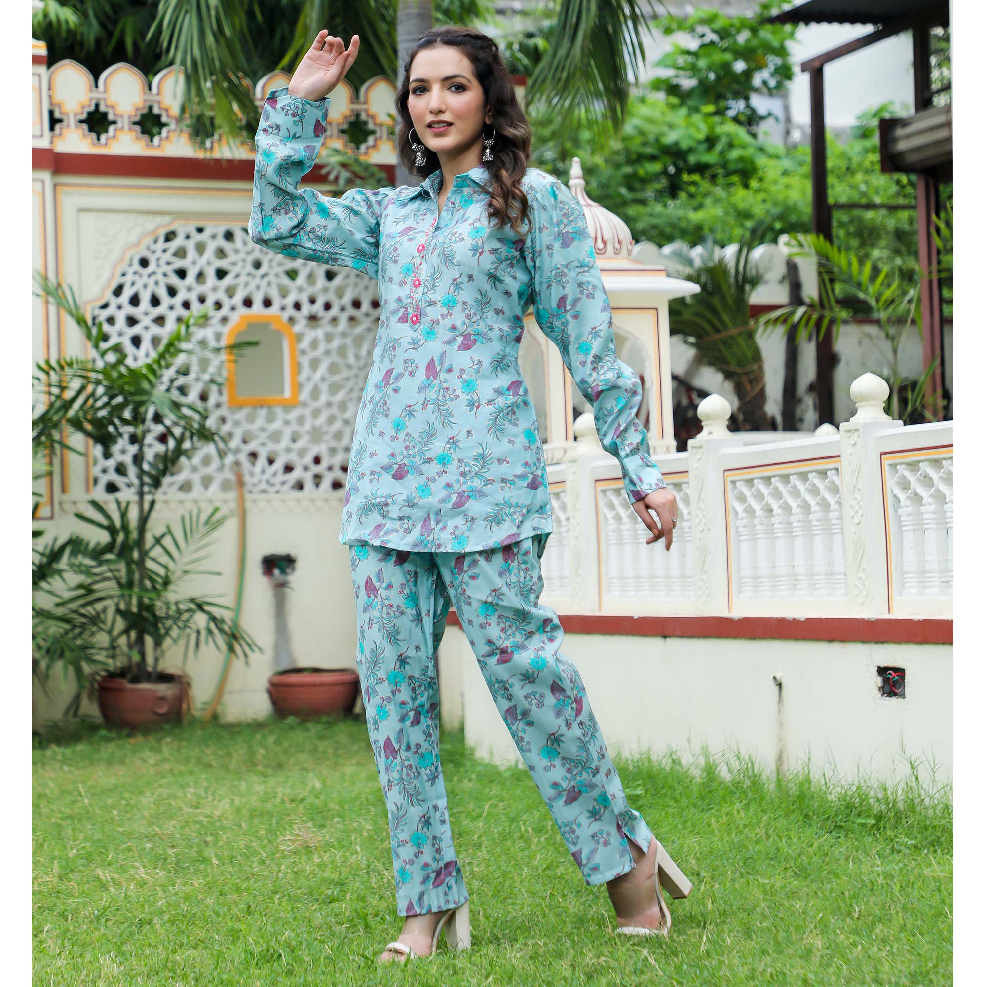 Blue Floral Printed Modal Co Ord Set