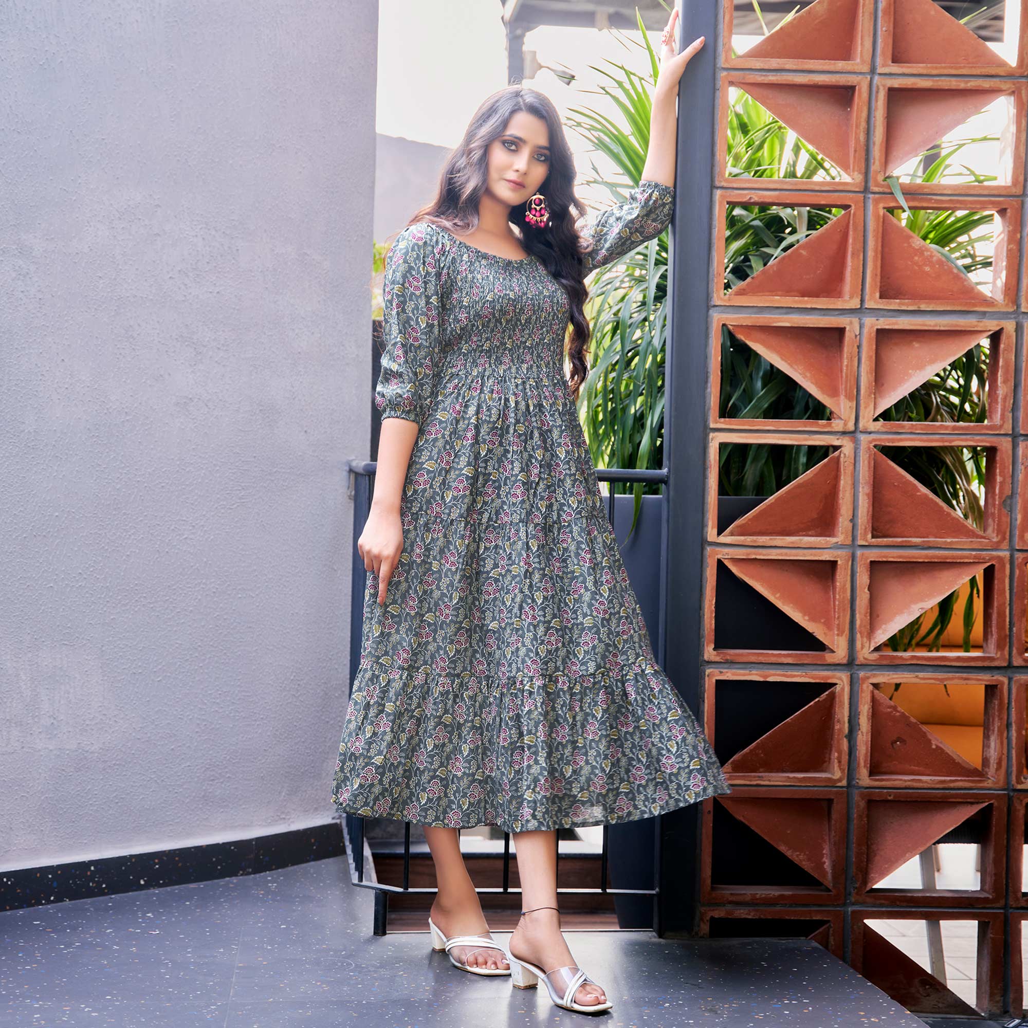 Grey Floral Printed Pure Cotton Dress