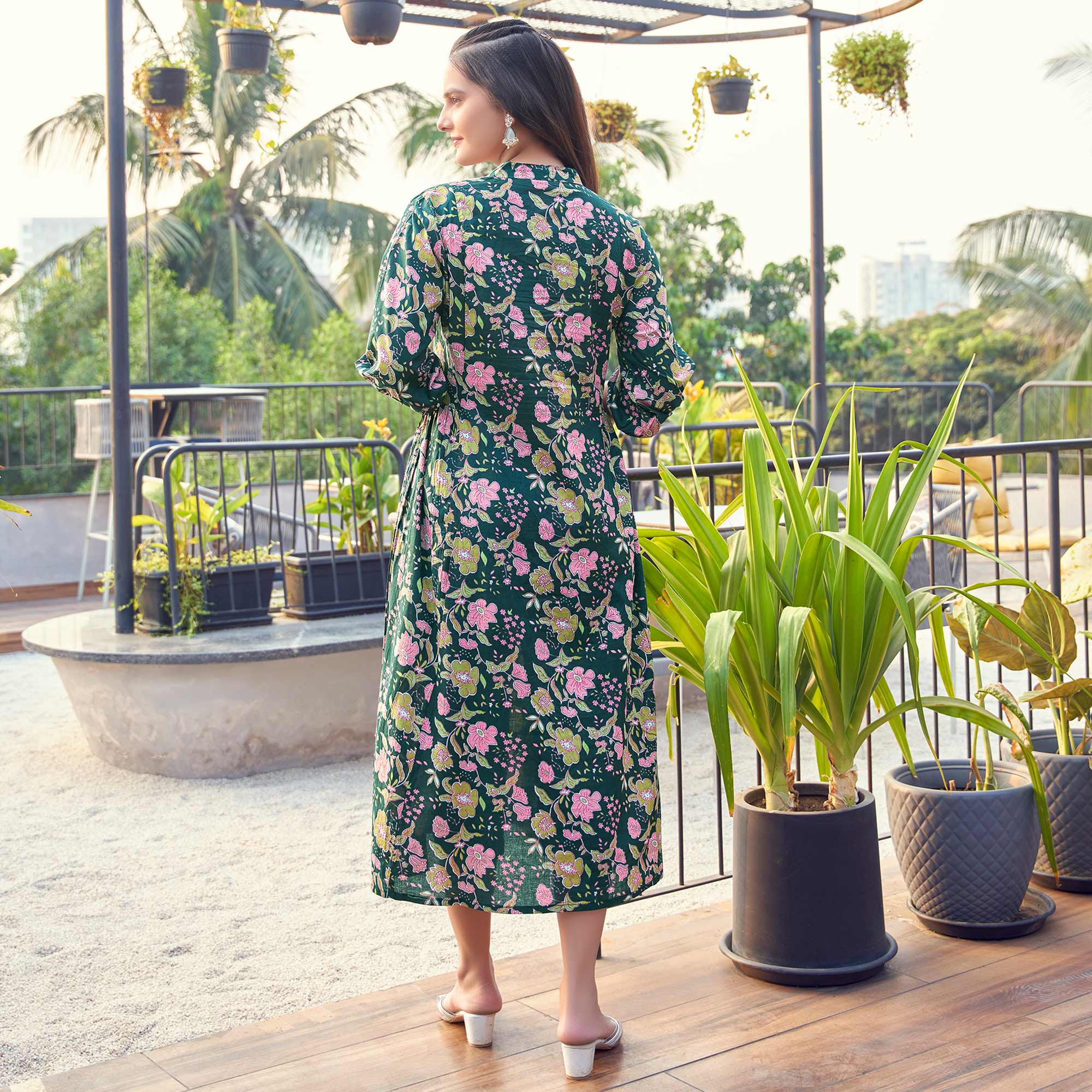 Dark Bottle Green Floral Printed Pure Cotton Dress