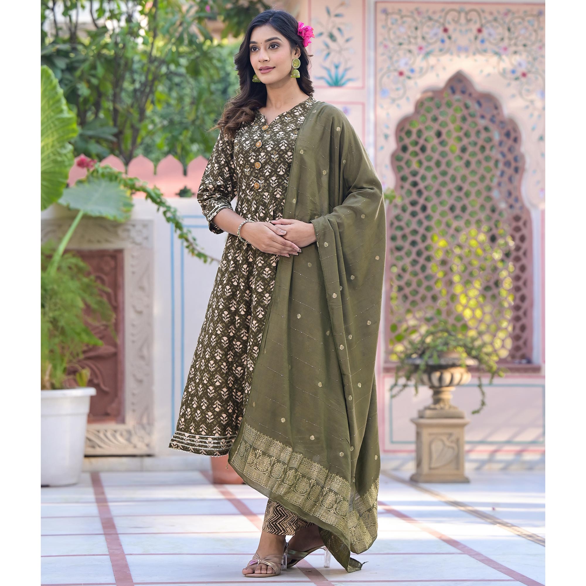Green Floral Printed Pure Cotton Anarkali Salwar Suit