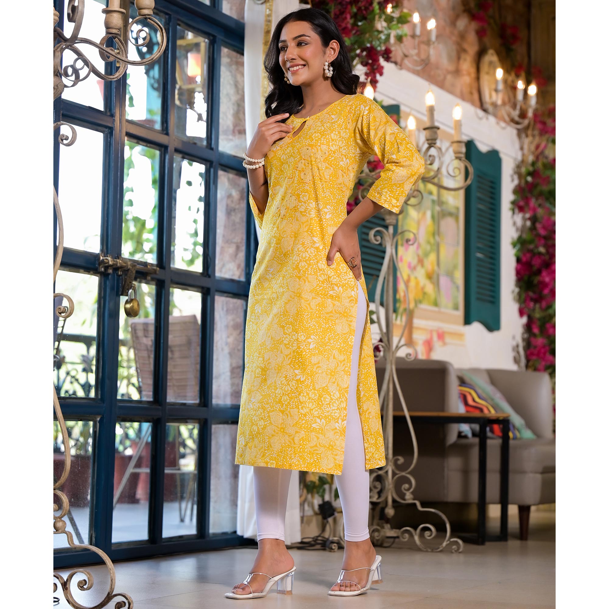 Yellow Floral Printed Pure Cotton Straight Kurti