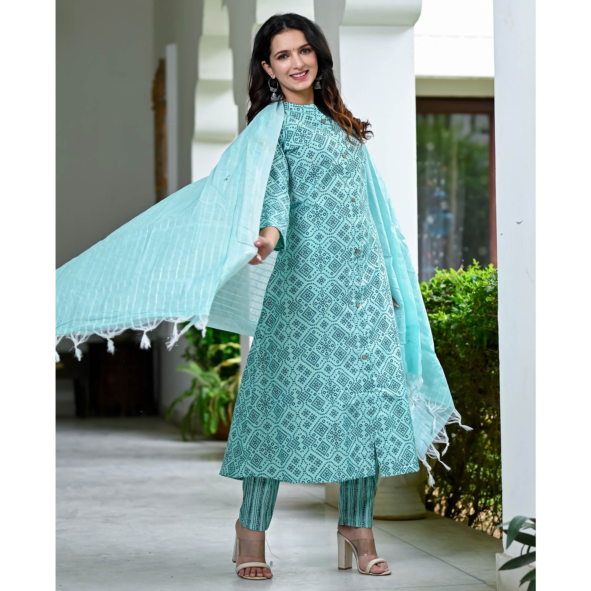 Turquoise Bandhani Printed Pure Cotton A Line Suit