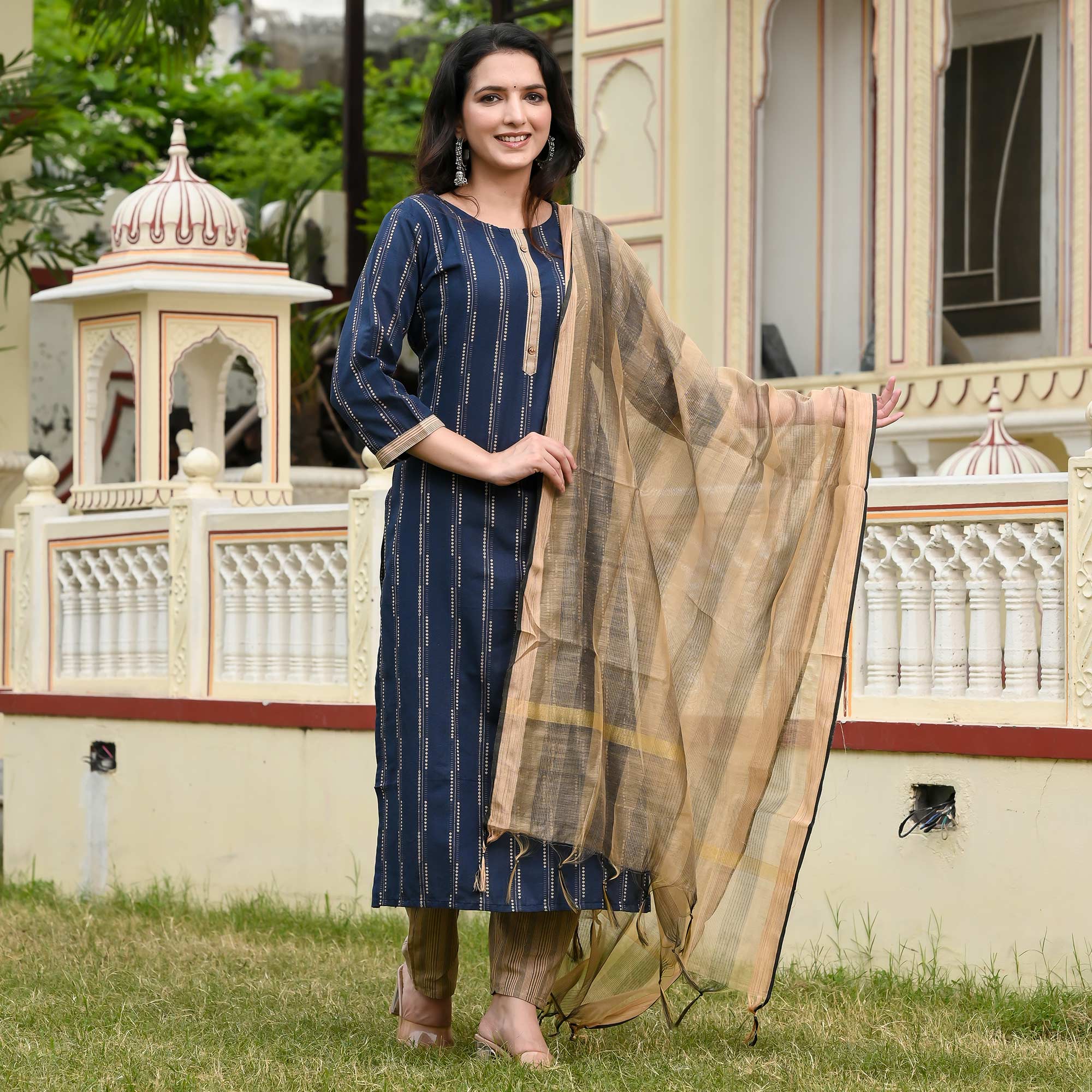 Navy Blue Printed Pure Cotton Suit