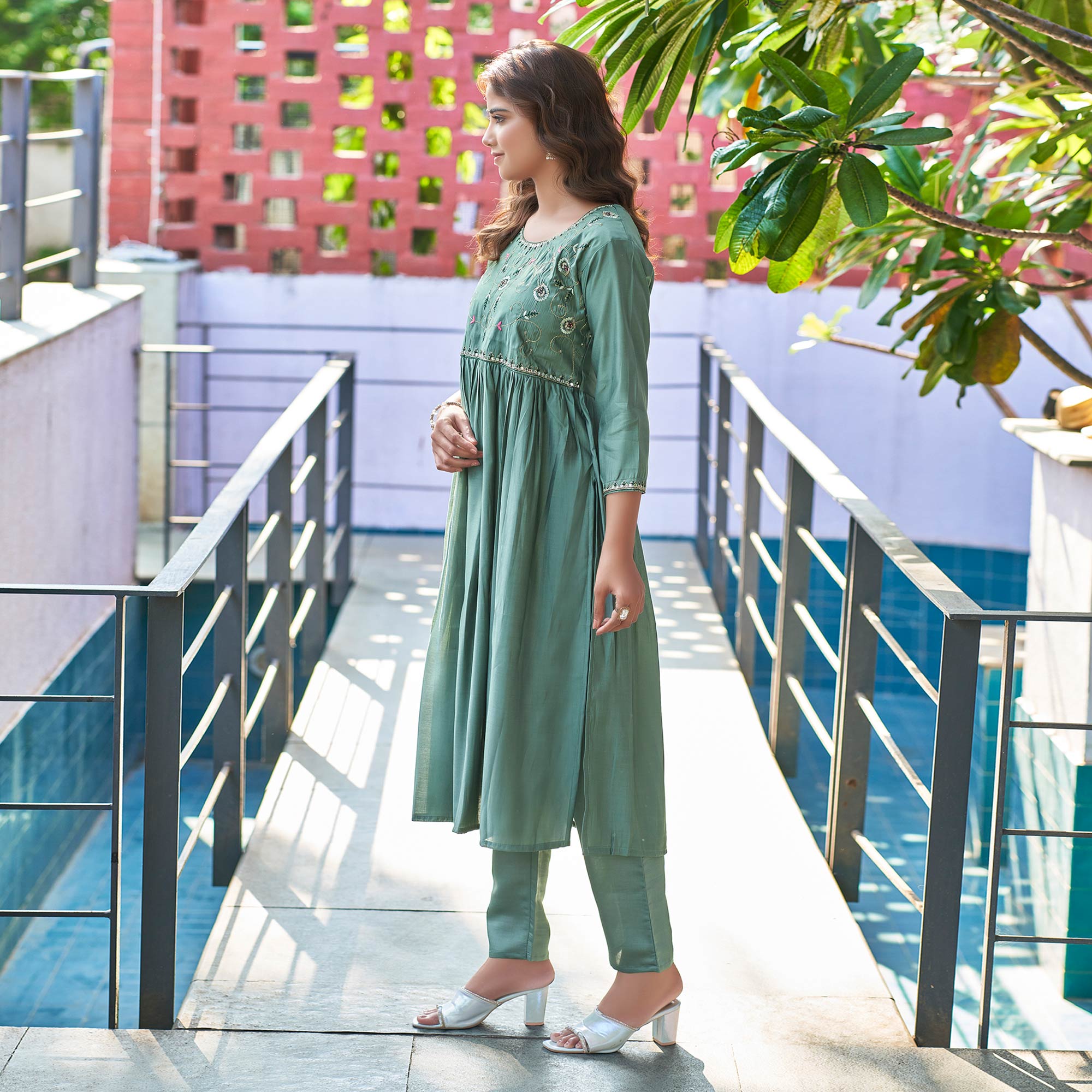 Green Floral Embroidered Pure Silk Suit