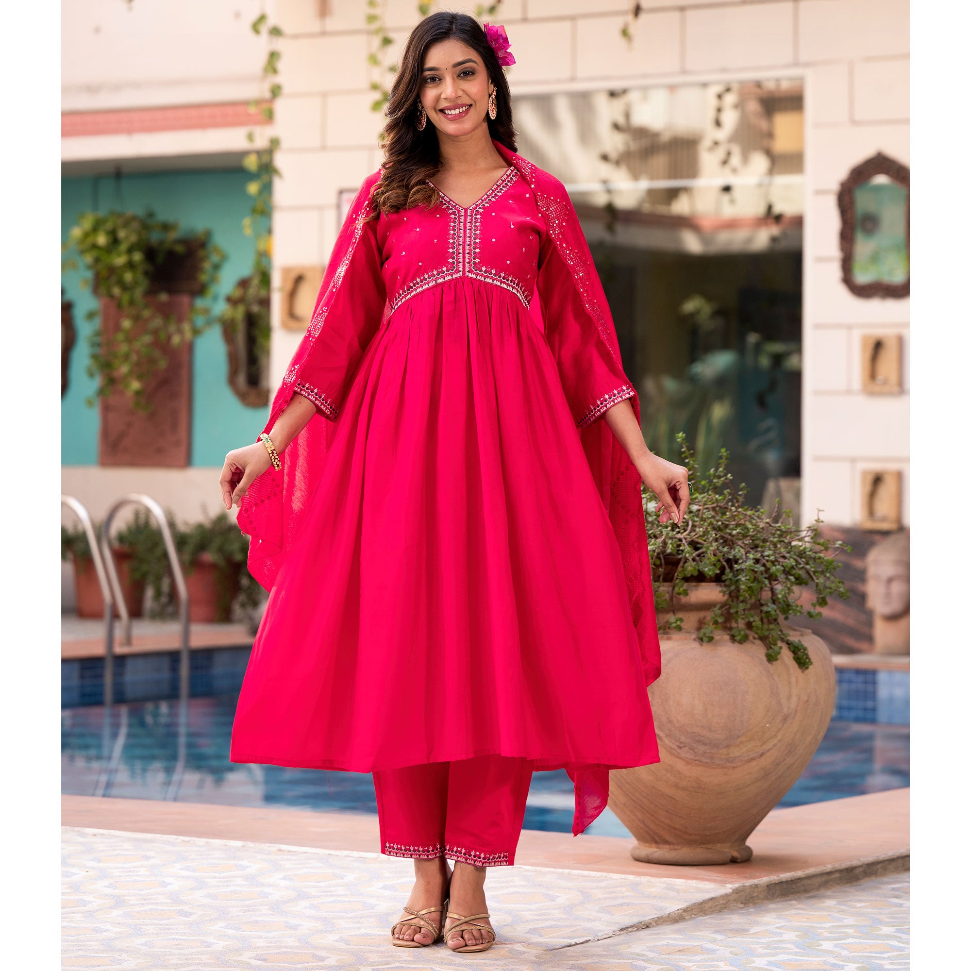 Pink Embroidered Pure Silk Alia Cut Salwar Suit