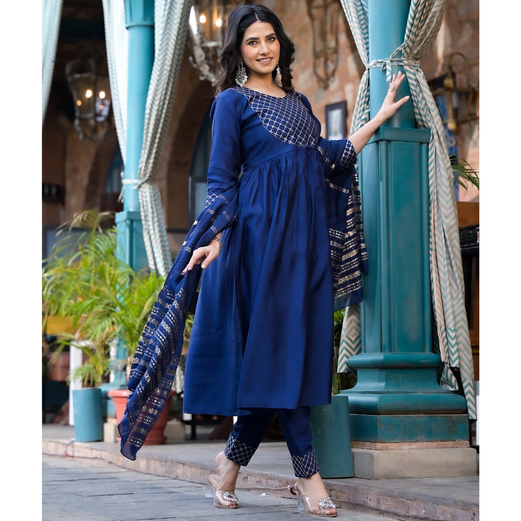 Blue Embroidered Pure Silk Naira Cut Salwar Suit