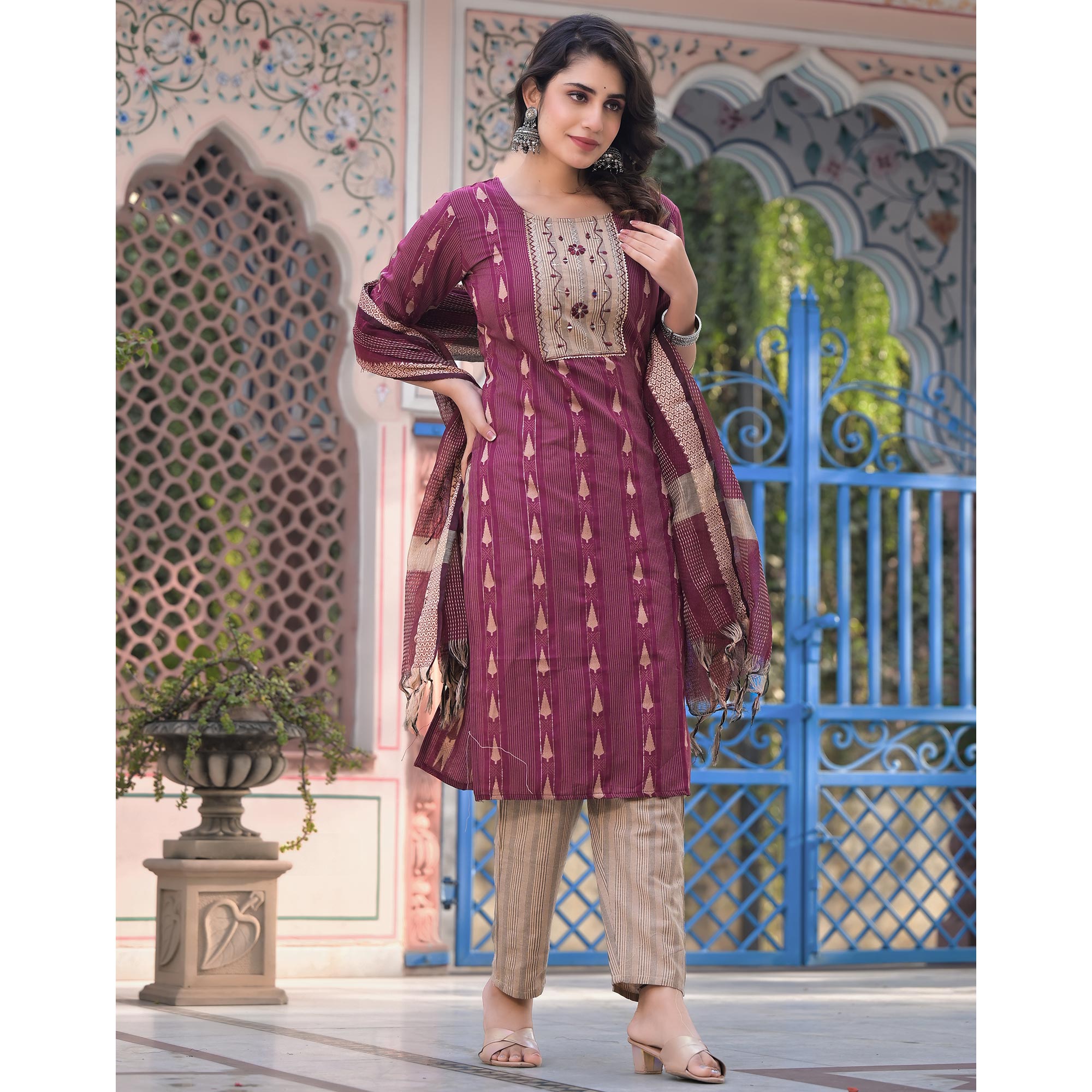 Wine Woven Pure Cotton Straight Salwar Suit