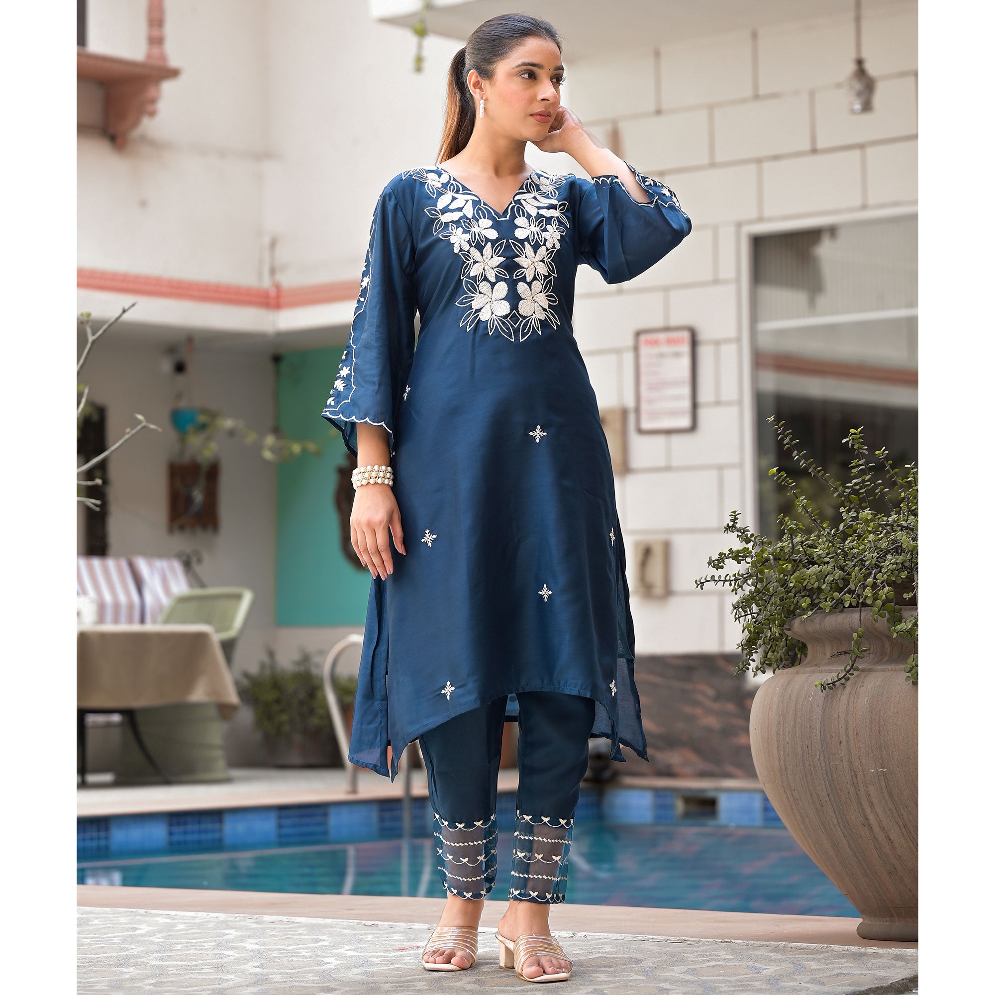 Blue Floral Embroidered Chanderi Silk Kurti Sets