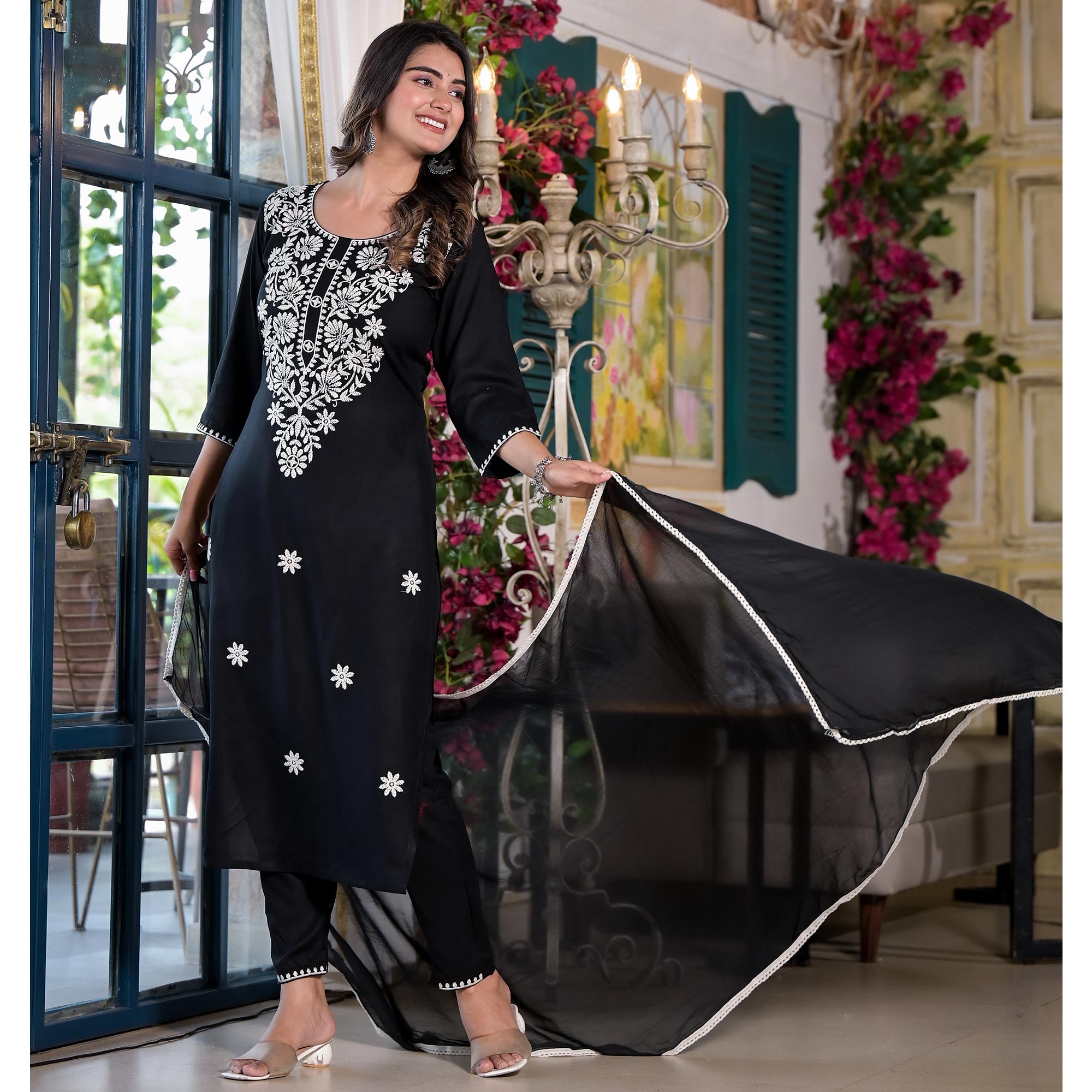 Black Lucknowi Embroidered Rayon Salwar Suit