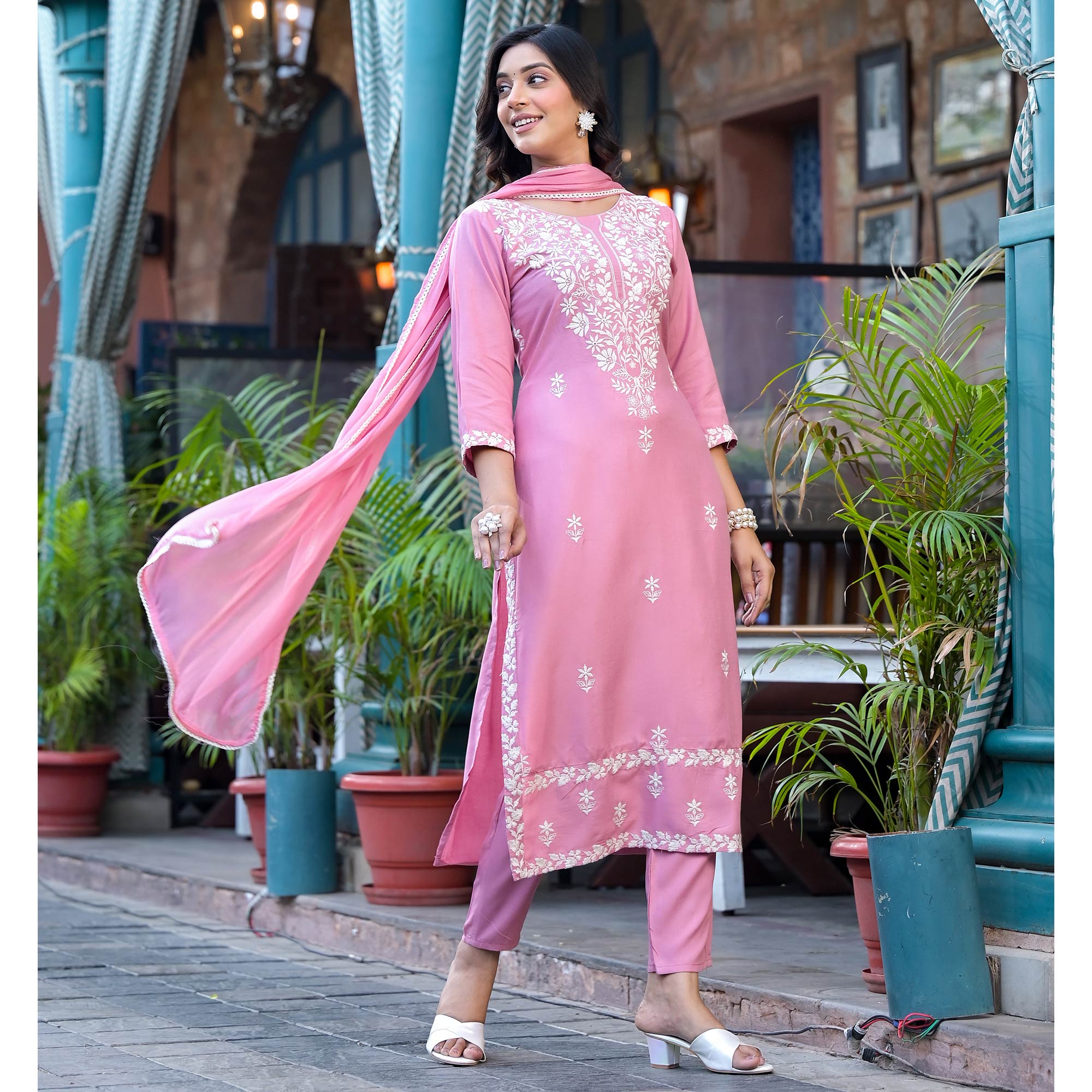 Pink Lucknowi Embroidered Rayon Salwar Suit