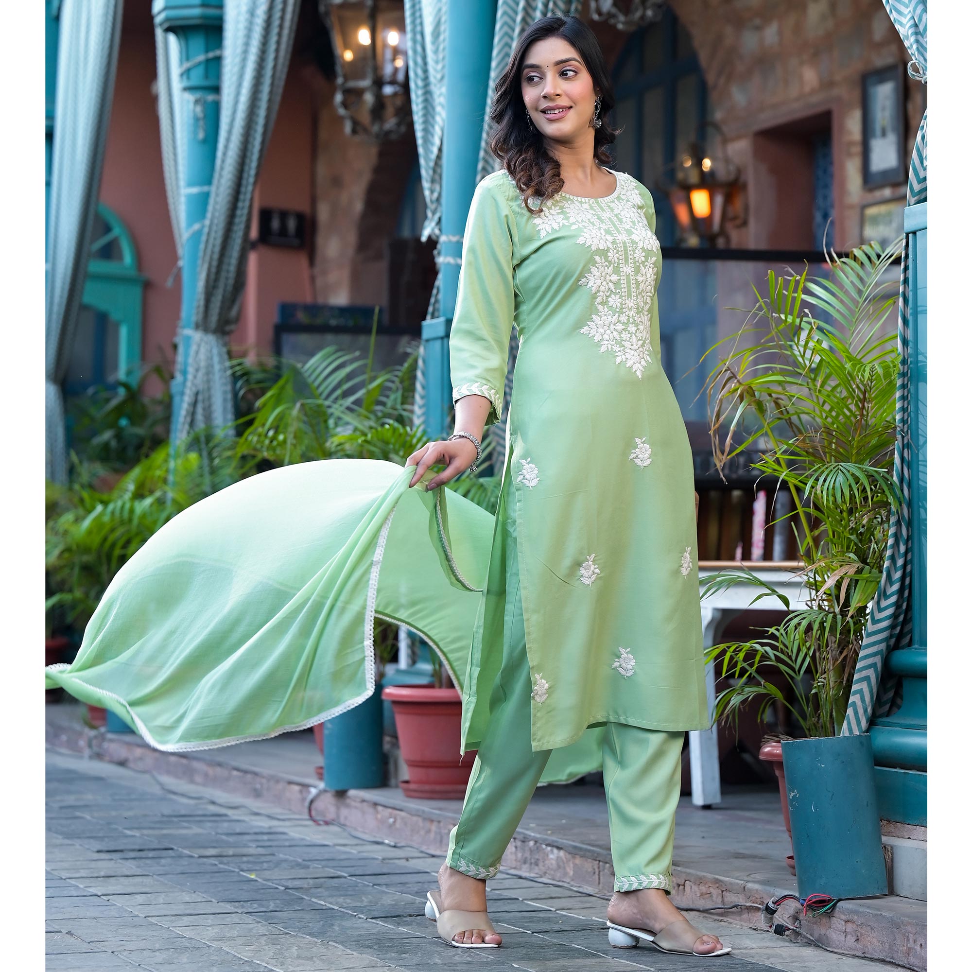 Pista Green Lucknowi Embroidered Rayon Salwar Suit