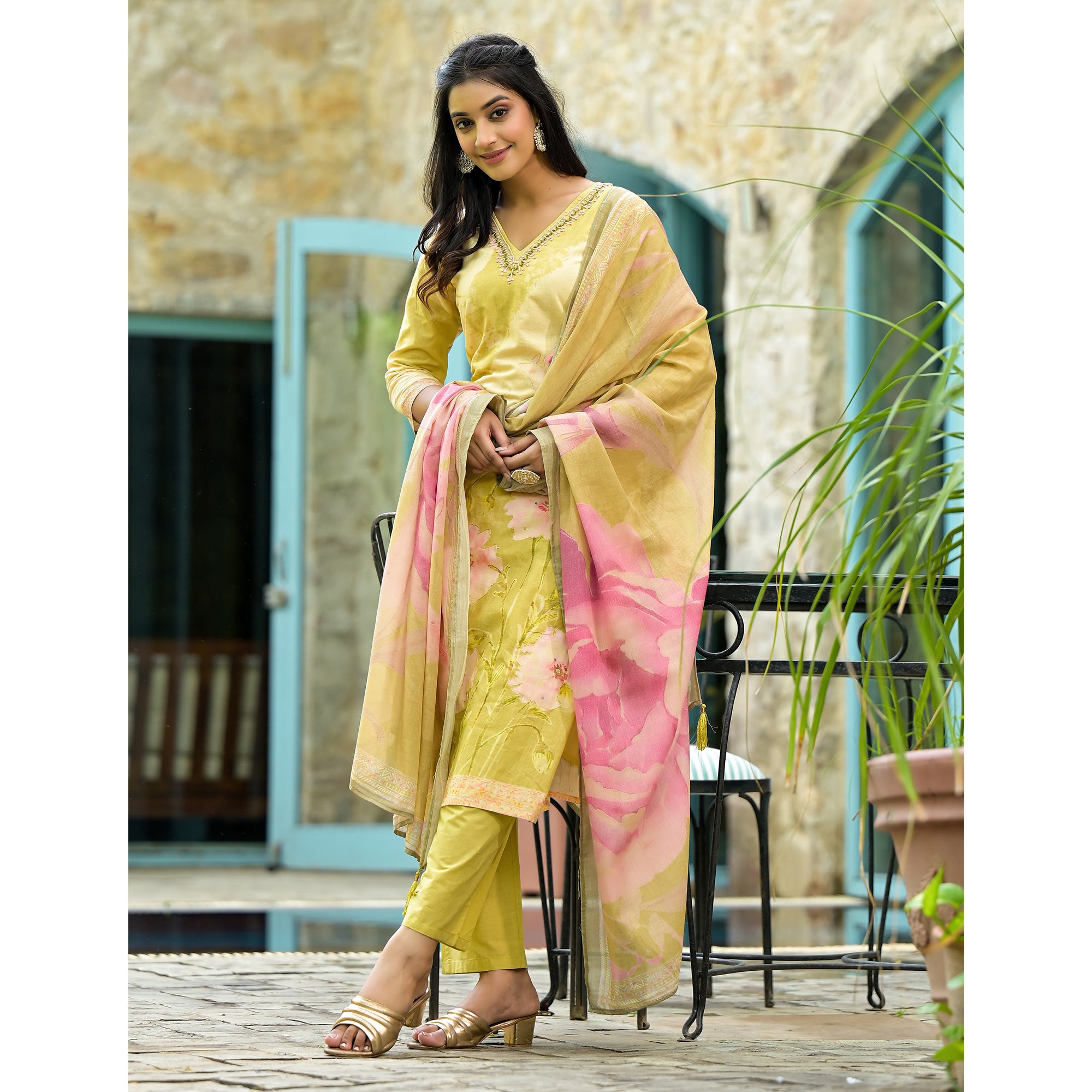 Olive Floral Embroidered With Printed Cambric Cotton Salwar Suit