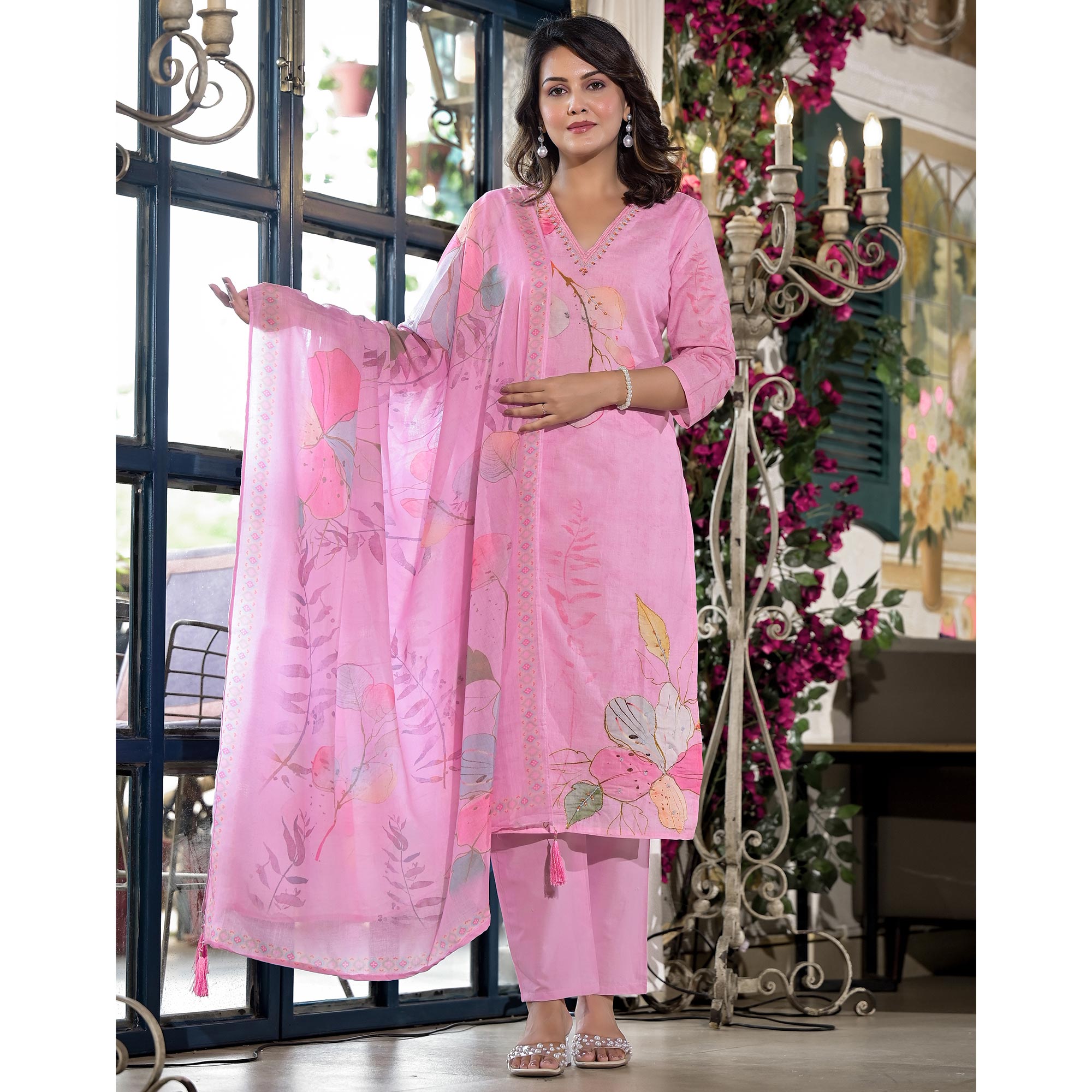 Pink Floral Printed With Embroidered Cambric Cotton Salwar Suit