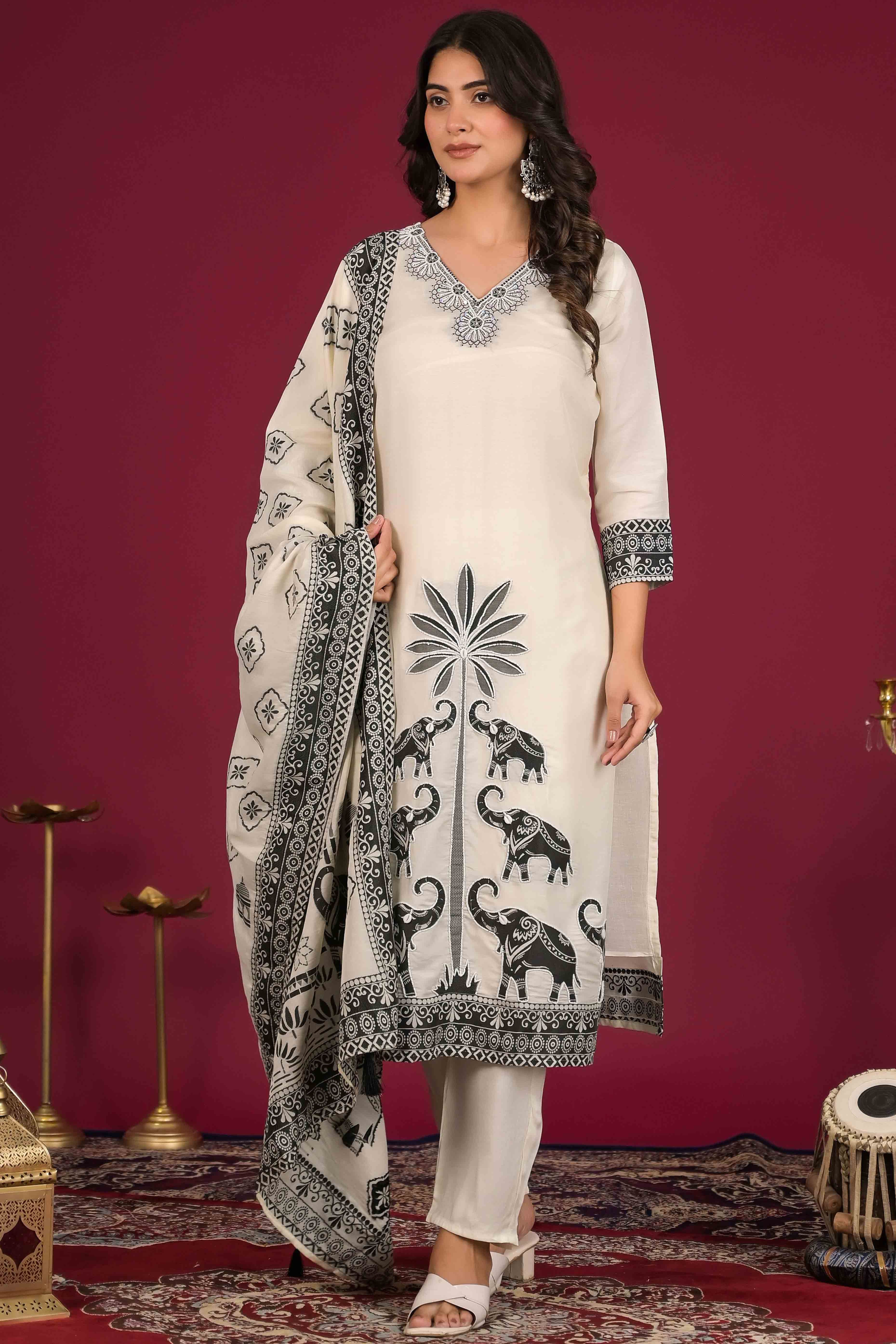 Off White Woven Muslin Salwar Suit With Beads Work