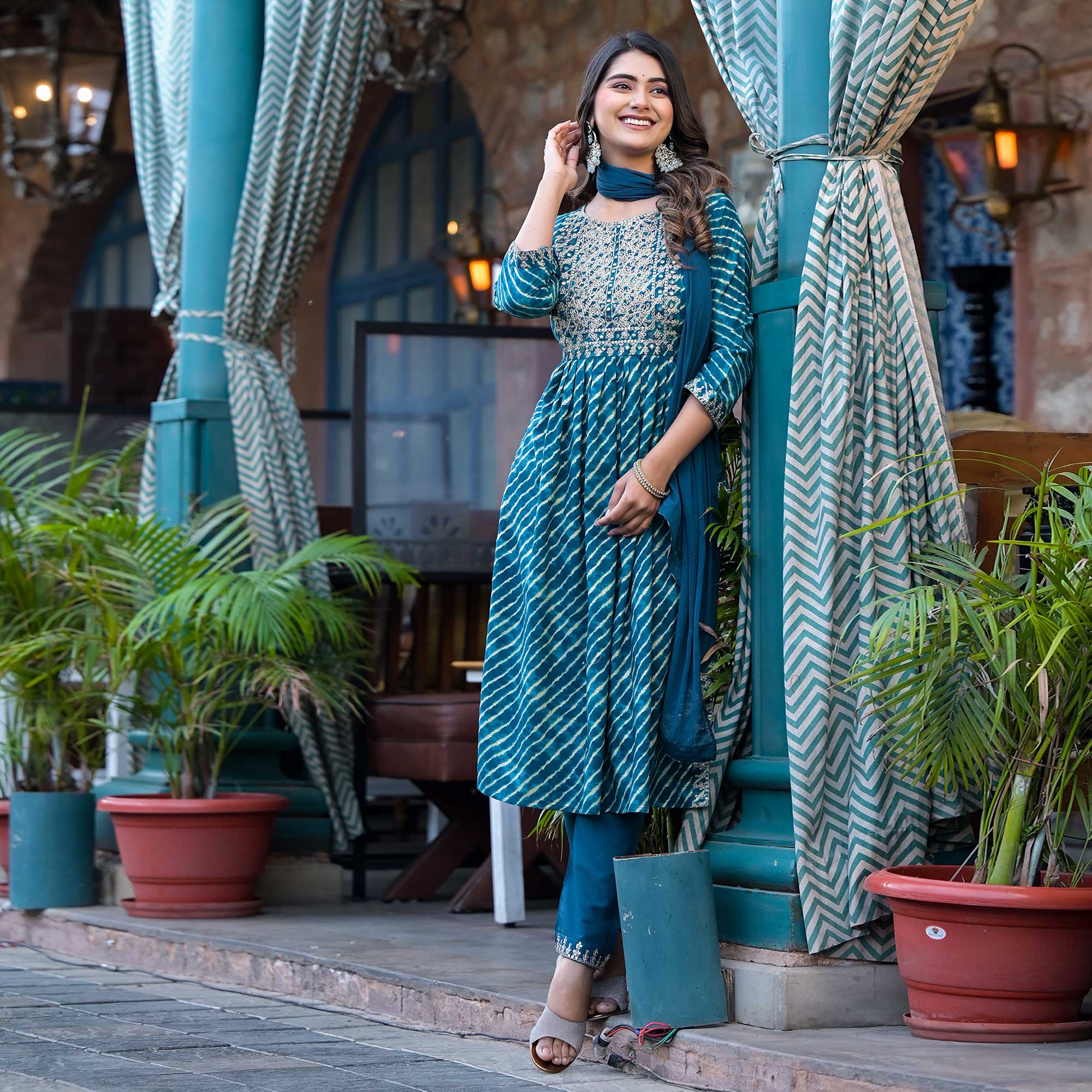 Blue Leheriya Printed Naira Cut Rayon Salwar Suit