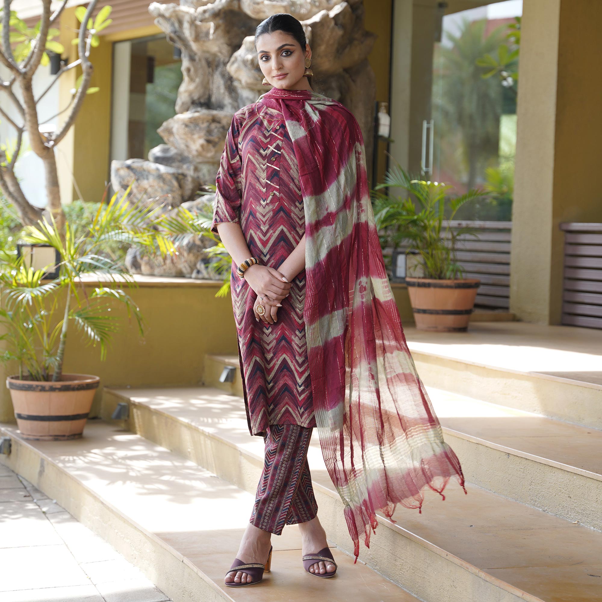 Red Foil Printed Rayon Suit