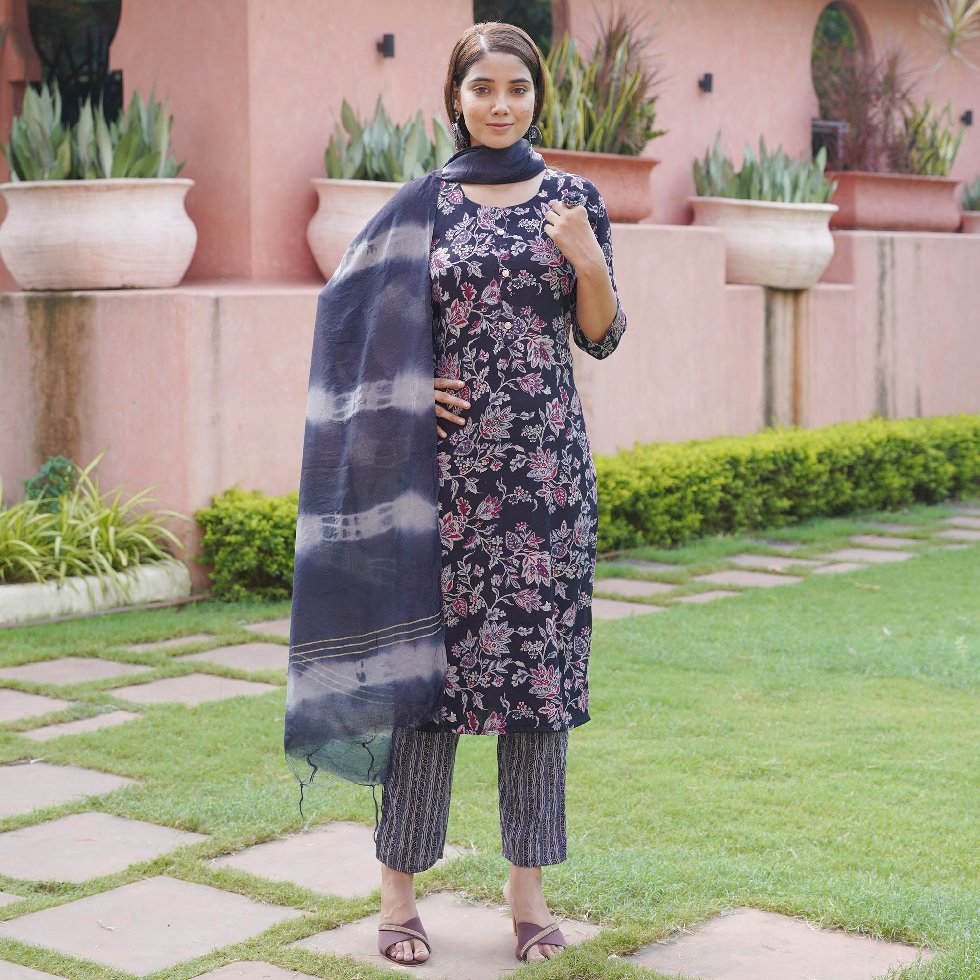 Navy Blue Floral Foil Printed Rayon Suit